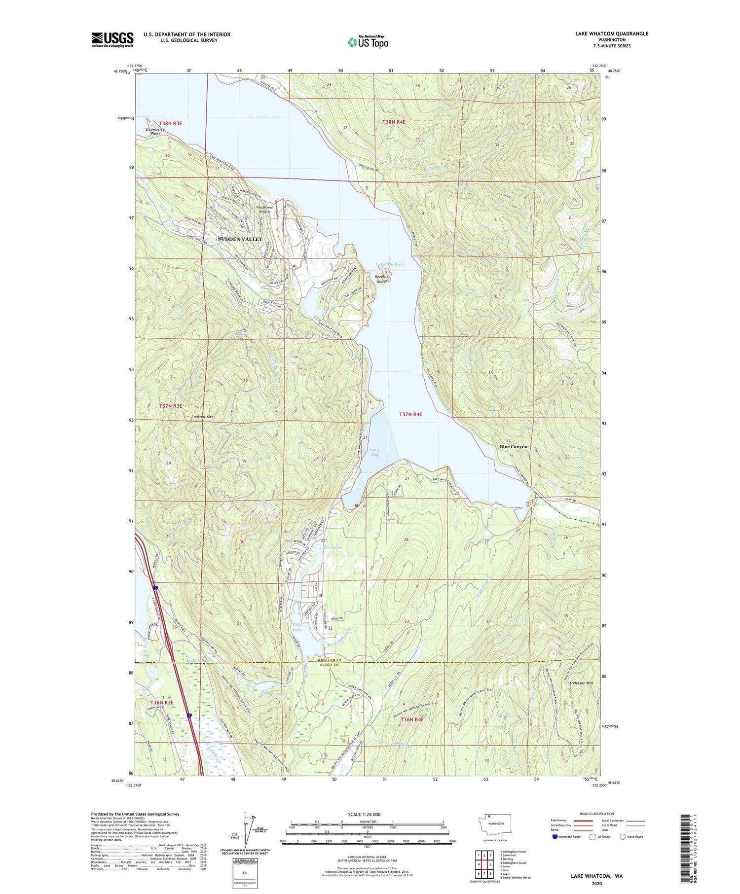 Lake Whatcom Washington US Topo Map Image