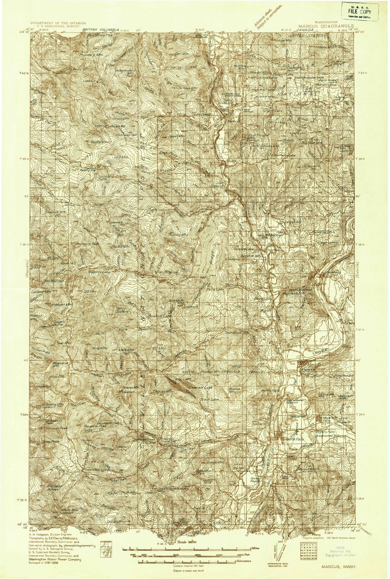 Historic 1936 Marcus Washington 30'x30' Topo Map Image