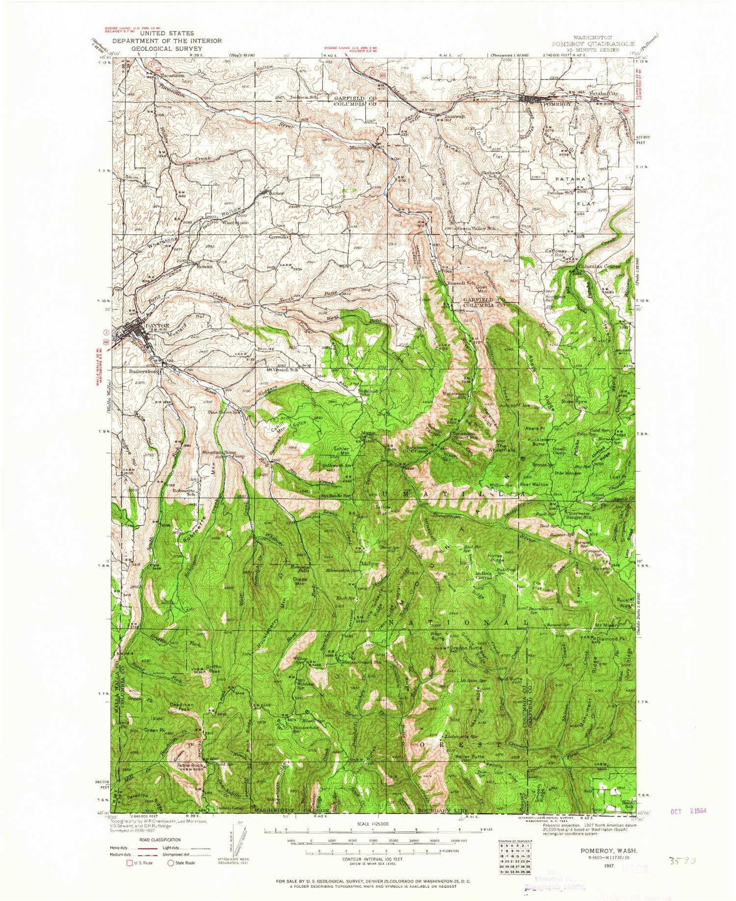 Historic 1937 Pomeroy Washington 30'x30' Topo Map Image