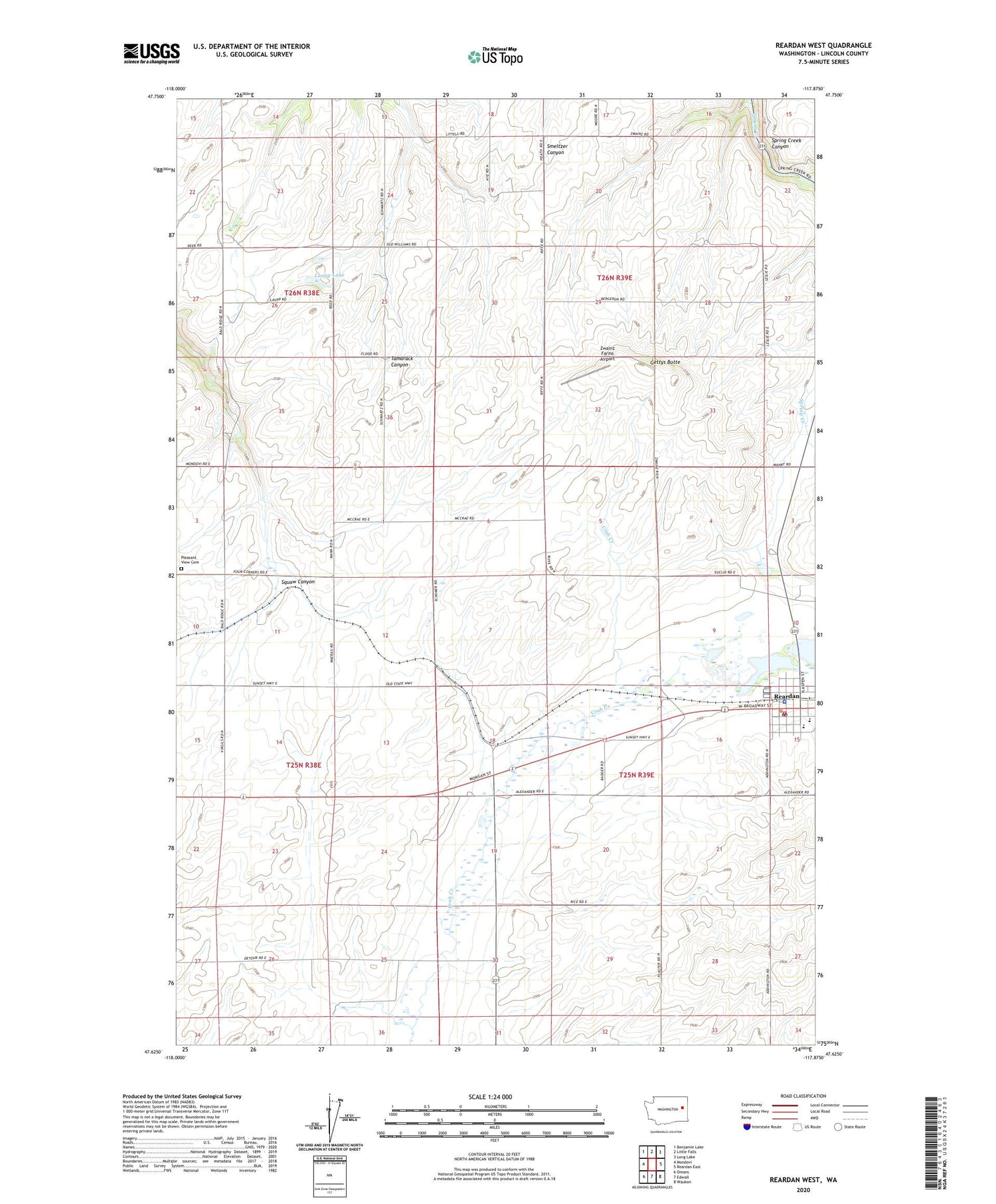 Reardan West Washington US Topo Map Image