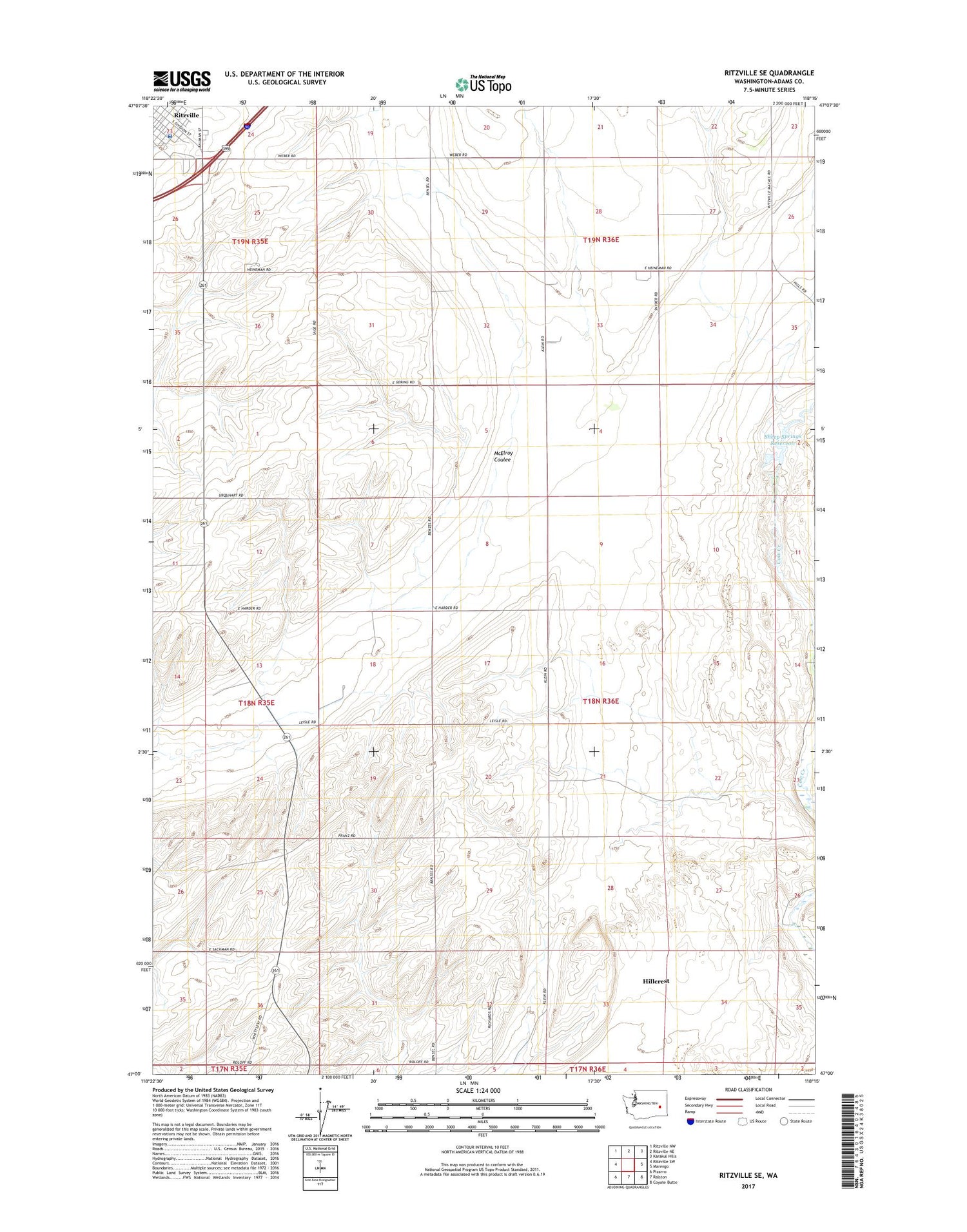 Ritzville SE Washington US Topo Map Image