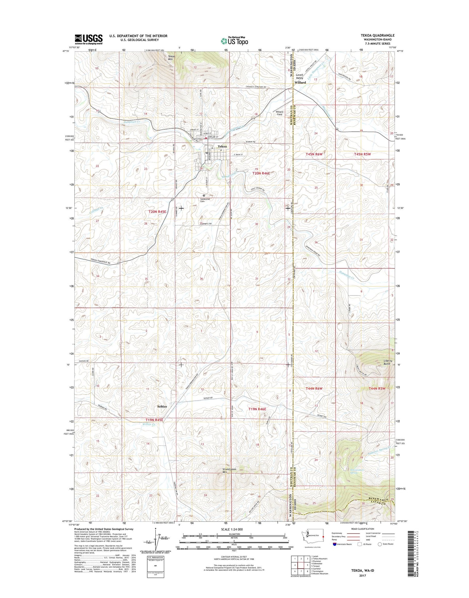 Tekoa Washington US Topo Map Image