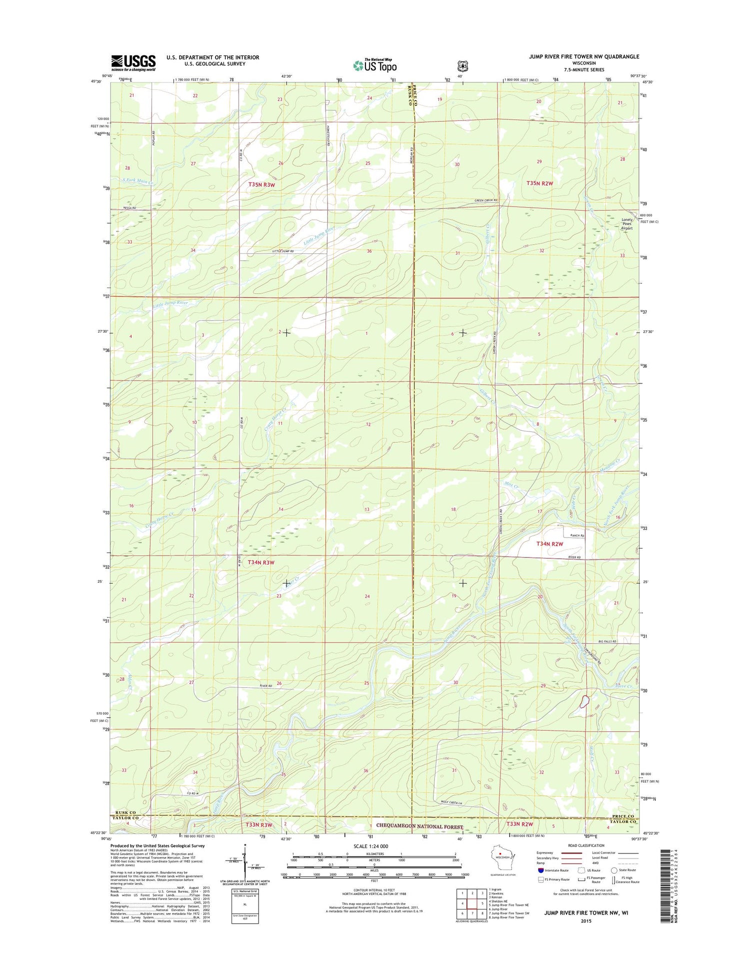 Jump River Fire Tower NW Wisconsin US Topo Map Image