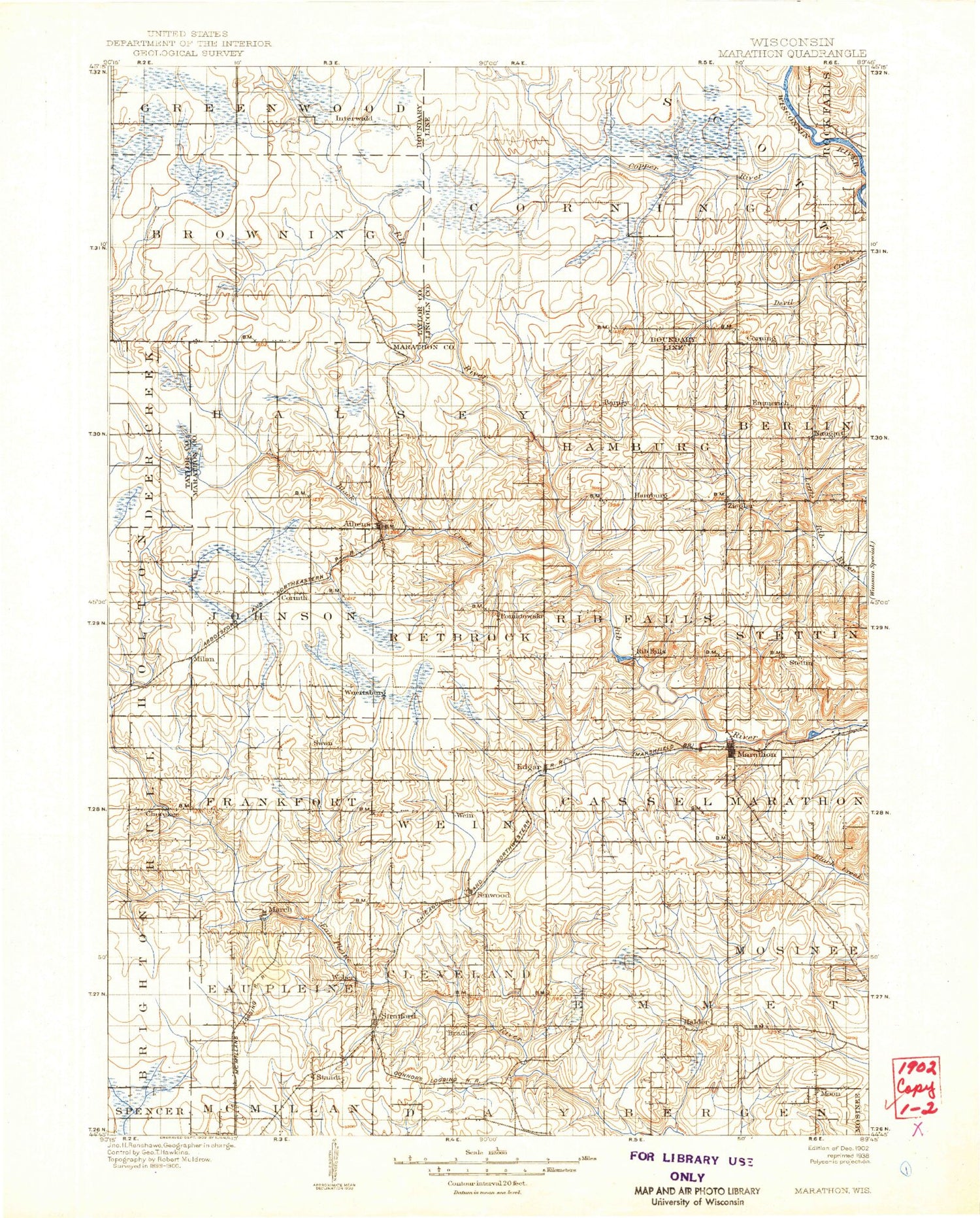 Historic 1902 Marathon Wisconsin 30'x30' Topo Map Image
