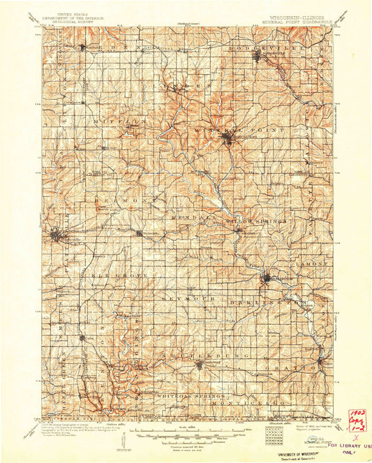 Historic 1902 Mineral Point Wisconsin 30'x30' Topo Map Image