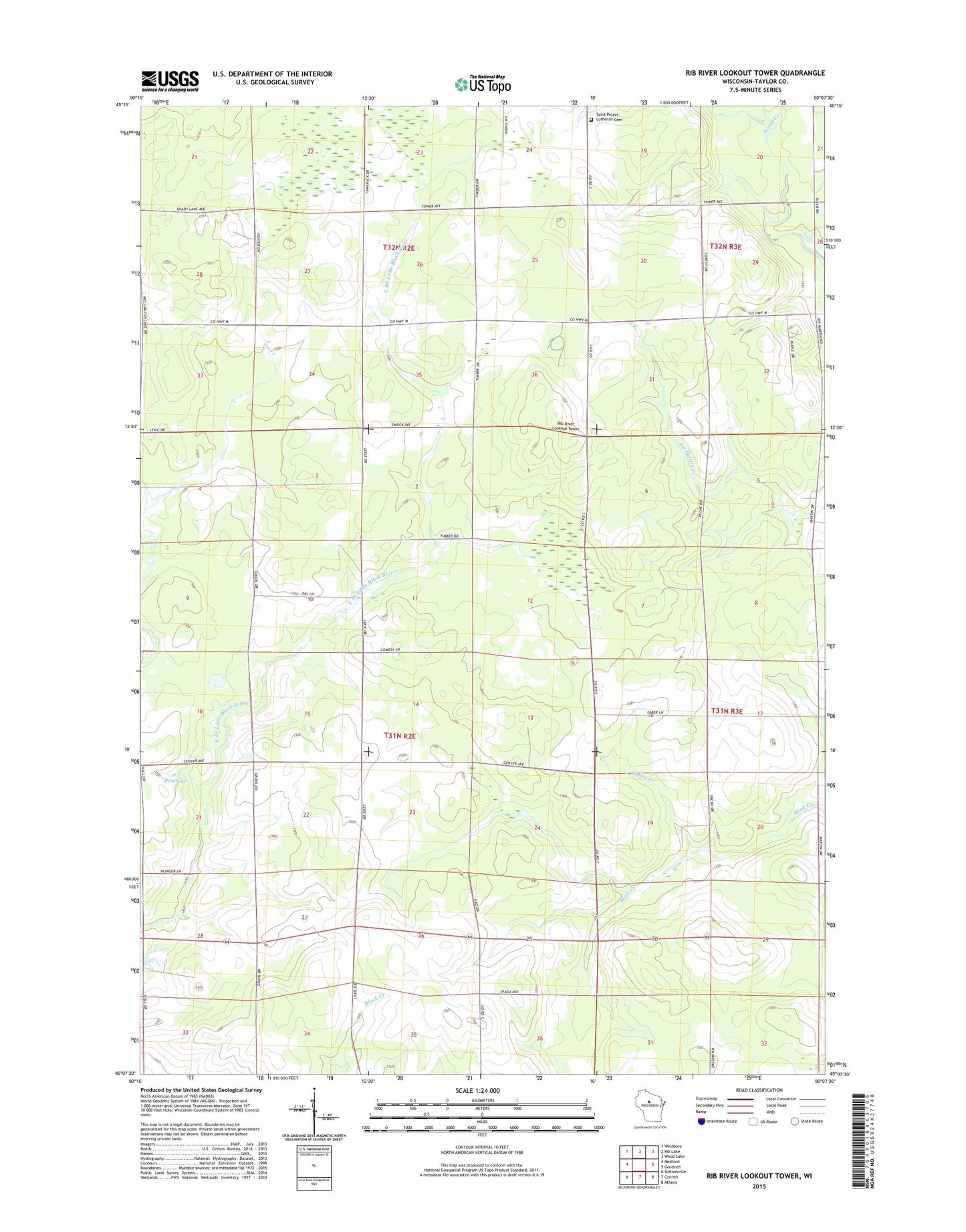 Rib River Lookout Tower Wisconsin US Topo Map Image