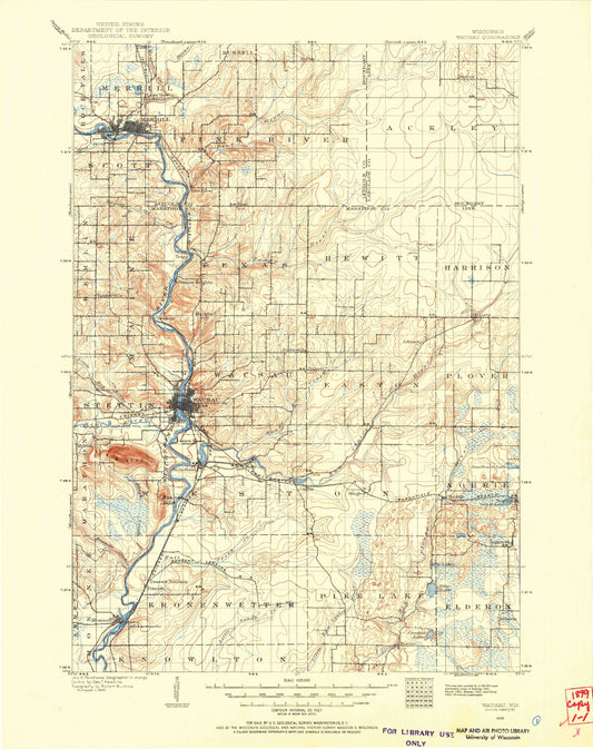 Historic 1899 Wausau Wisconsin 30'x30' Topo Map Image