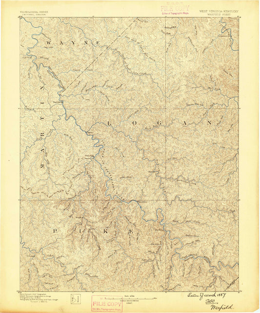 Historic 1887 Warfield West Virginia 30'x30' Topo Map Image