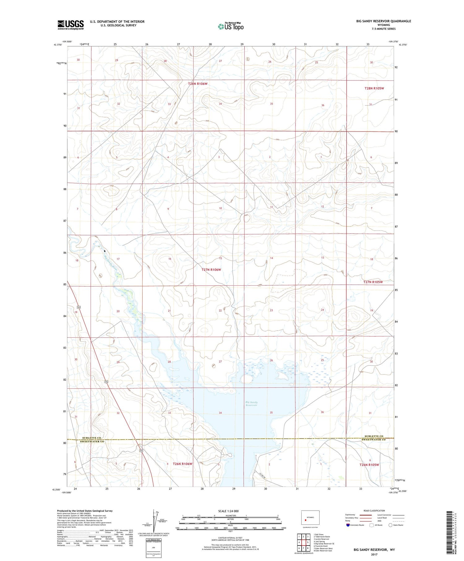 Big Sandy Reservoir Wyoming US Topo Map Image