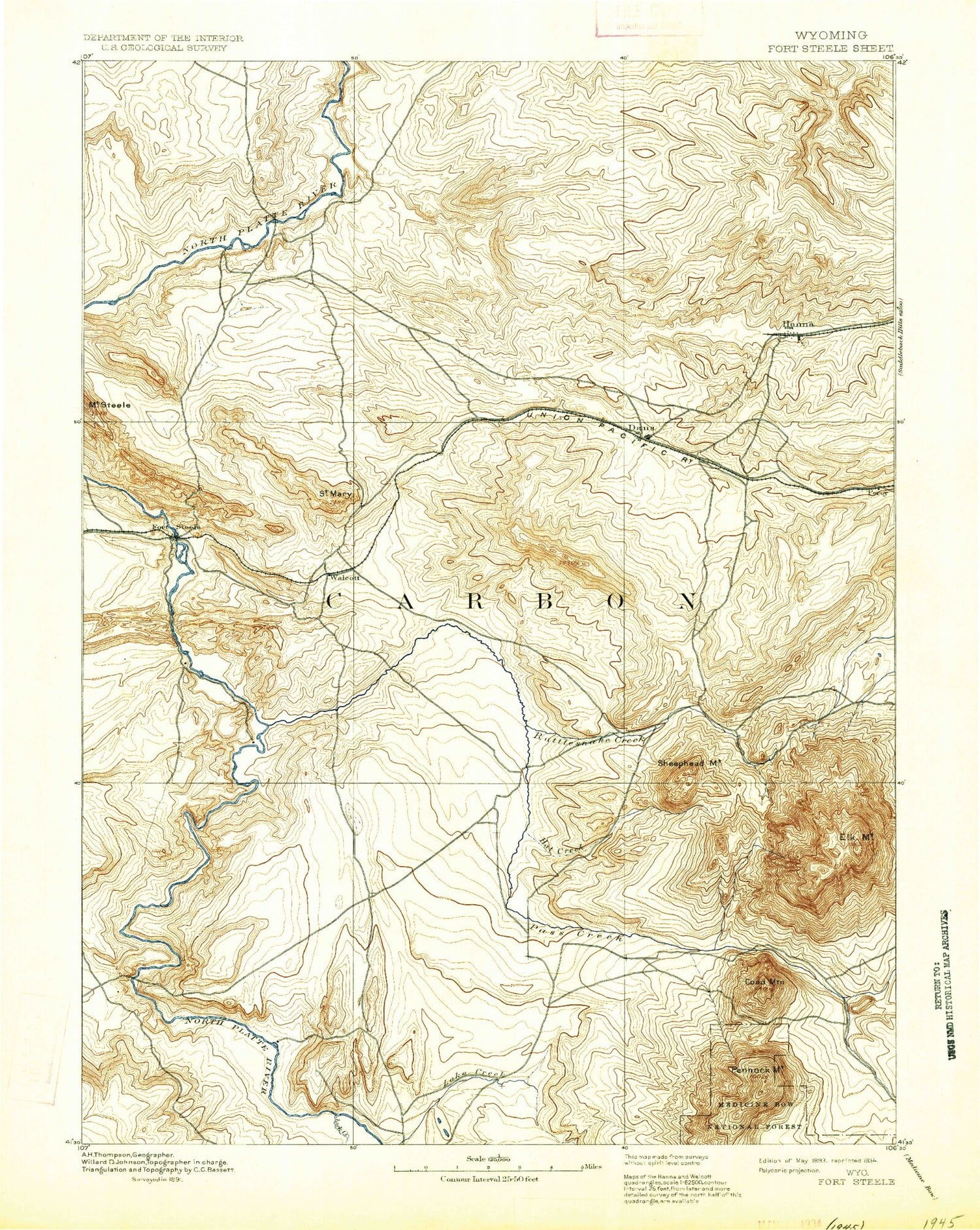 Historic 1893 Fort Steele Wyoming 30'x30' Topo Map Image