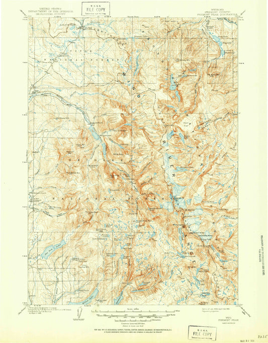 Historic 1909 Fremont Peak Wyoming 30'x30' Topo Map Image