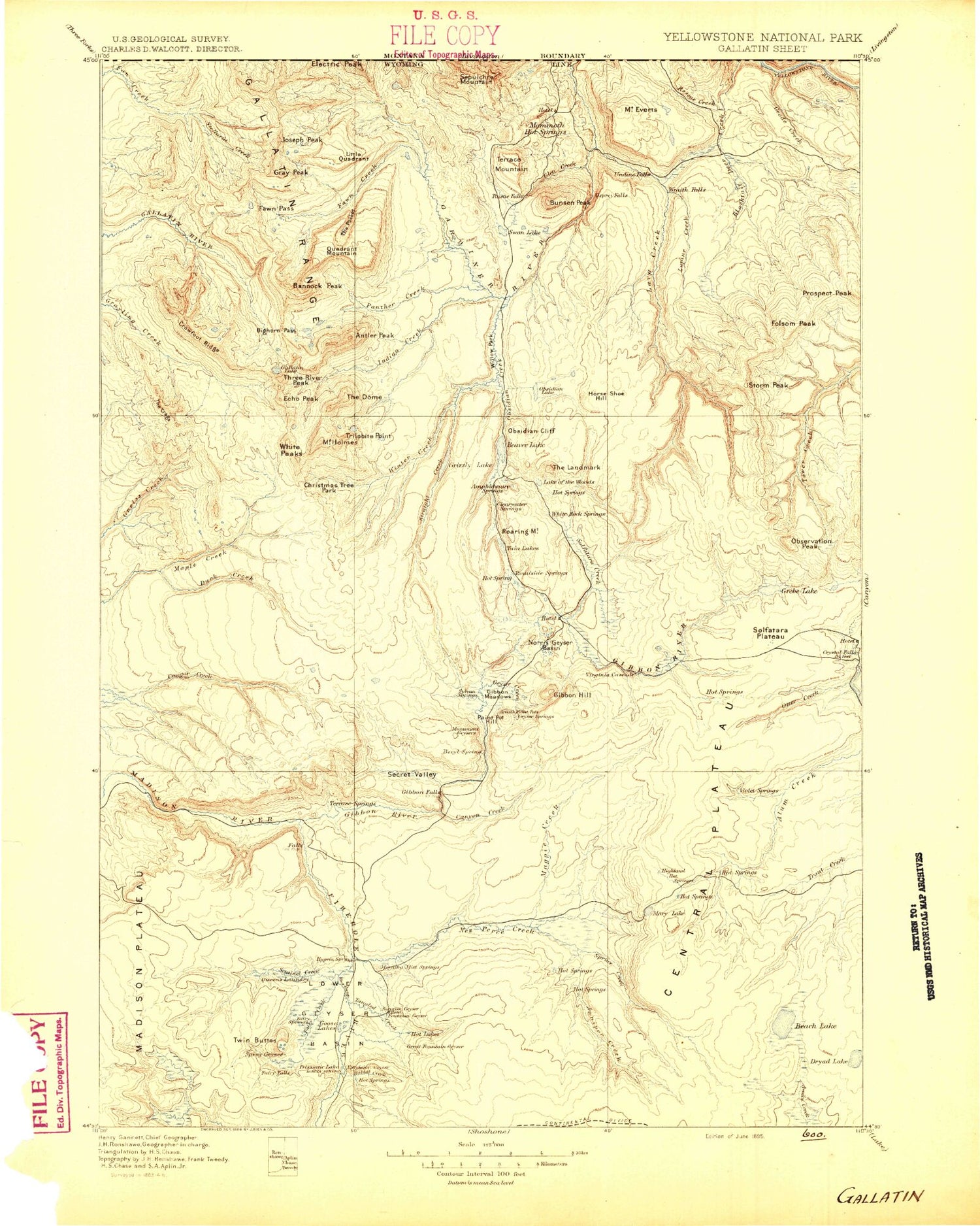 Historic 1885 Gallatin Wyoming 30'x30' Topo Map Image