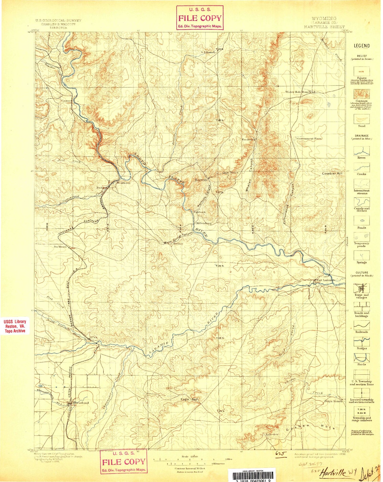 Historic 1896 Hartville Wyoming 30'x30' Topo Map Image