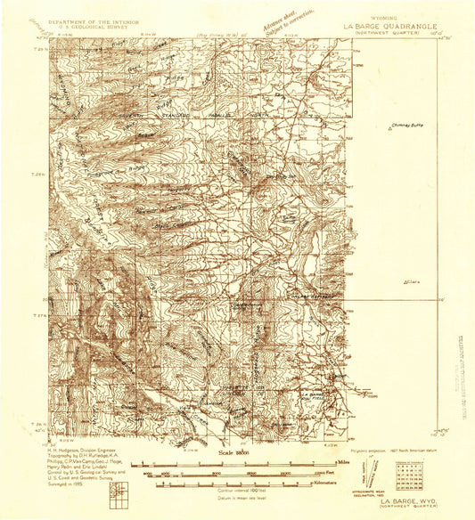 Historic 1936 La Barge Wyoming 30'x30' Topo Map Image
