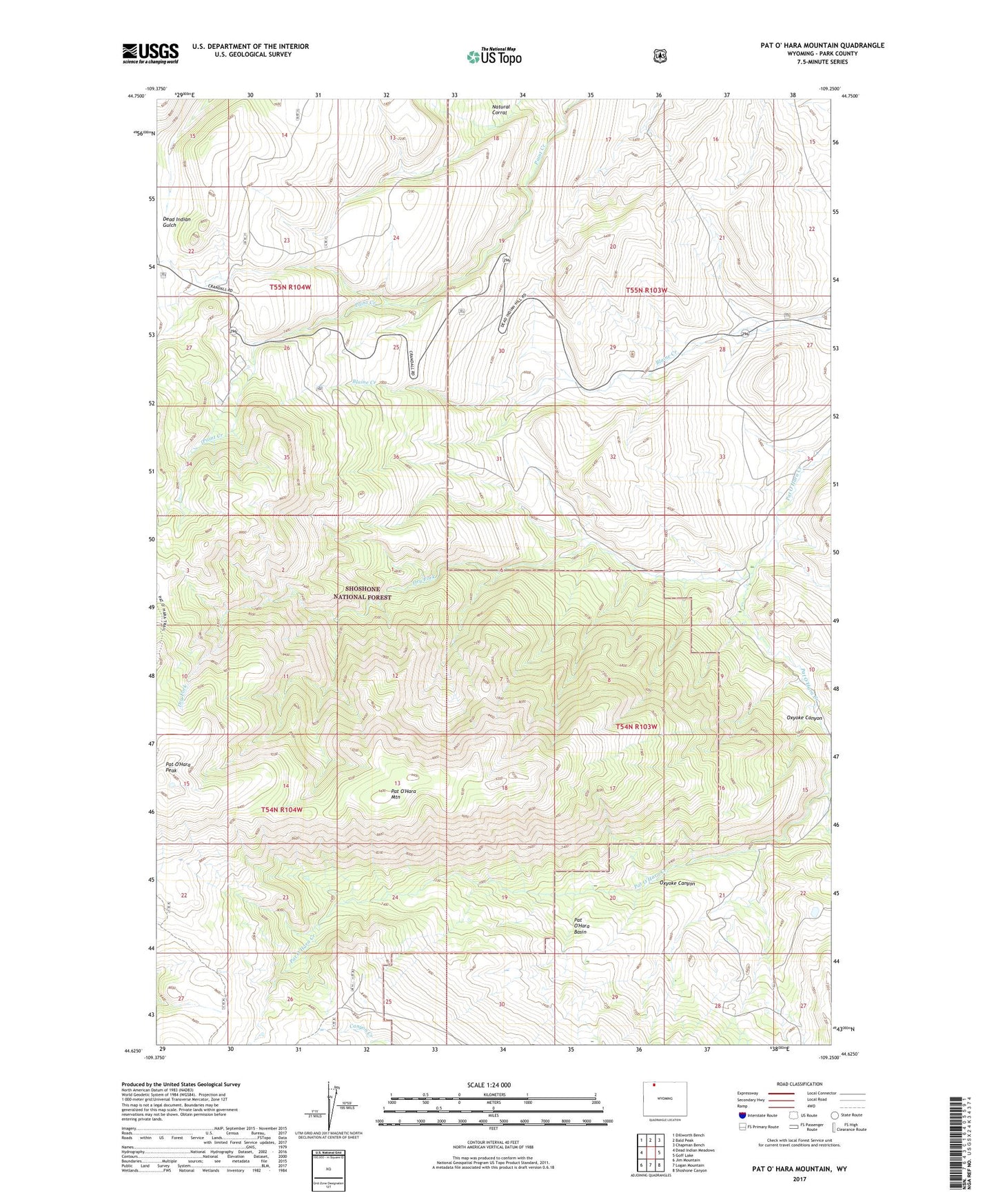 Pat O' Hara Mountain Wyoming US Topo Map Image