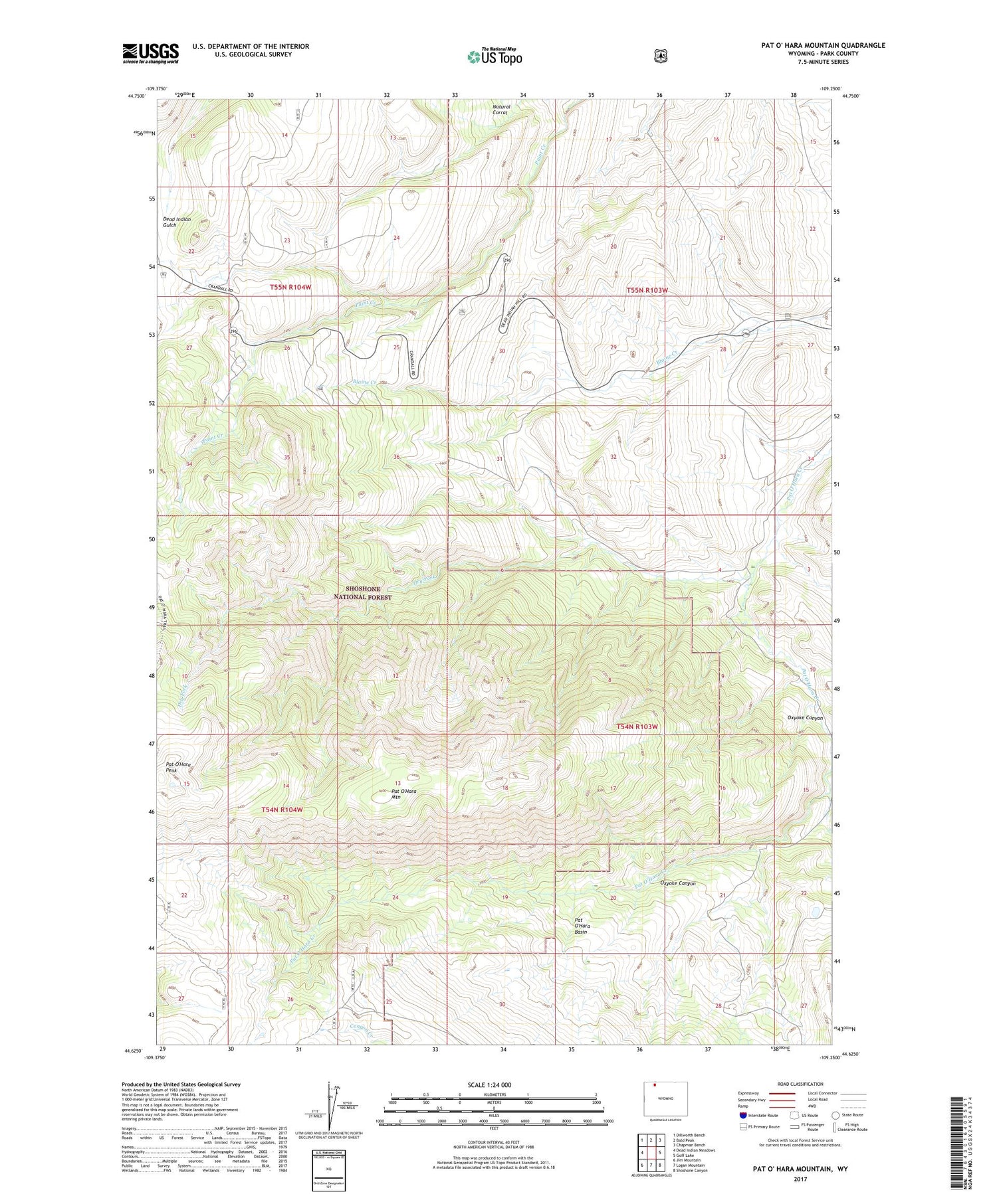 Pat O' Hara Mountain Wyoming US Topo Map Image
