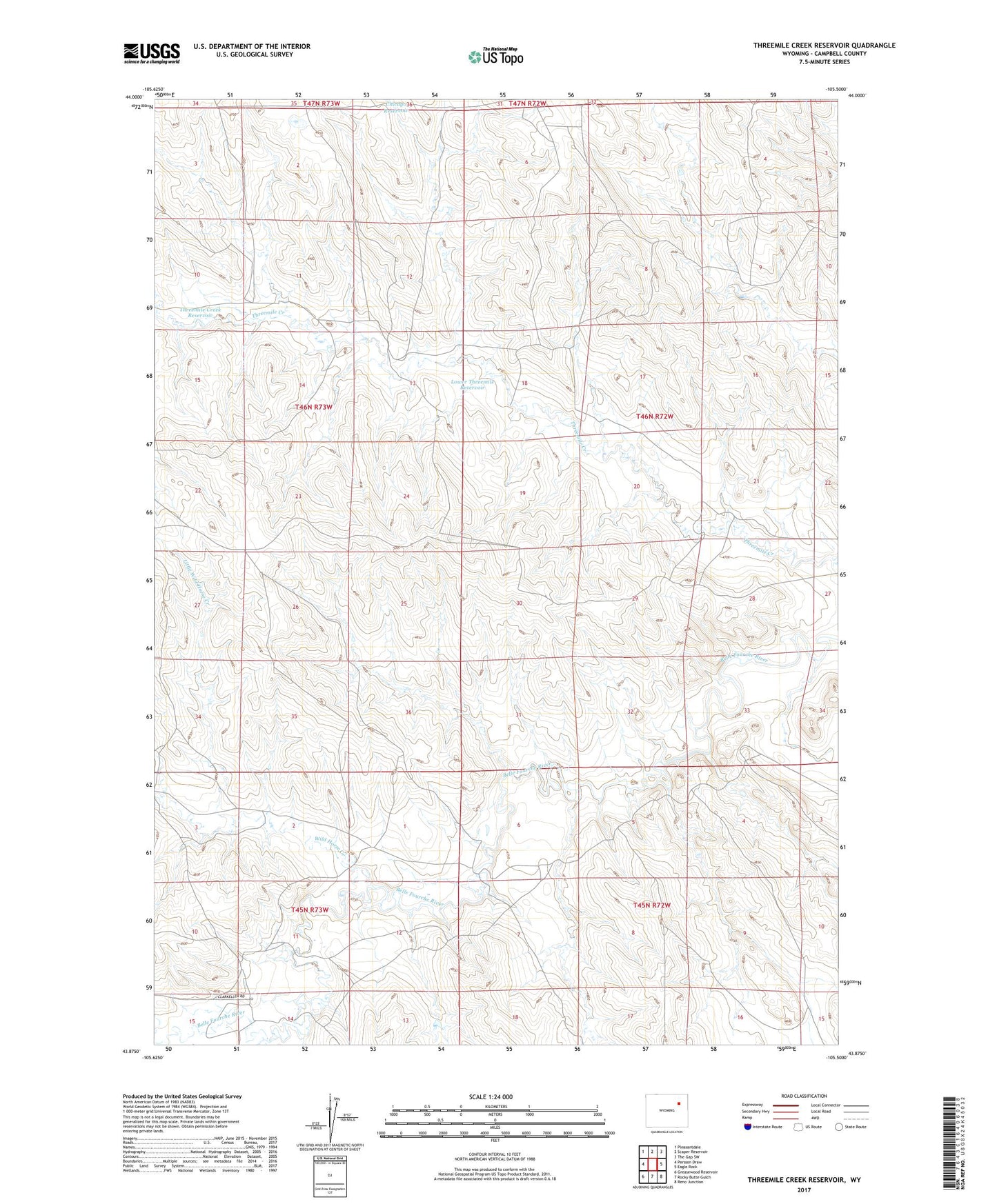 Threemile Creek Reservoir Wyoming US Topo Map Image