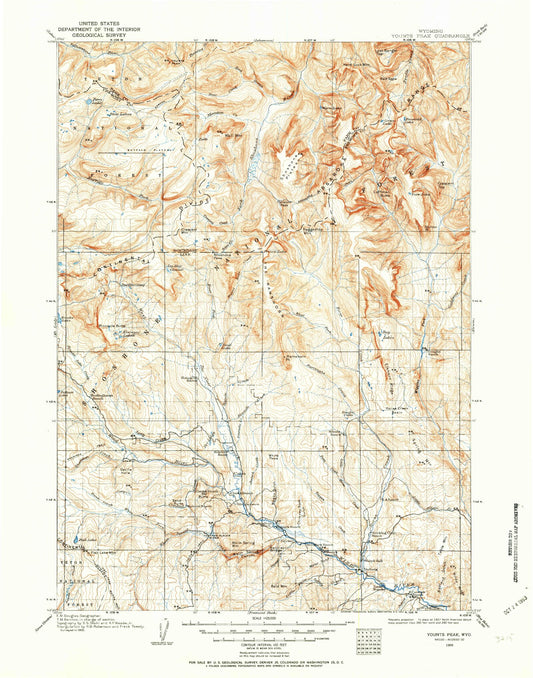 Historic 1905 Younts Peak Wyoming 30'x30' Topo Map Image
