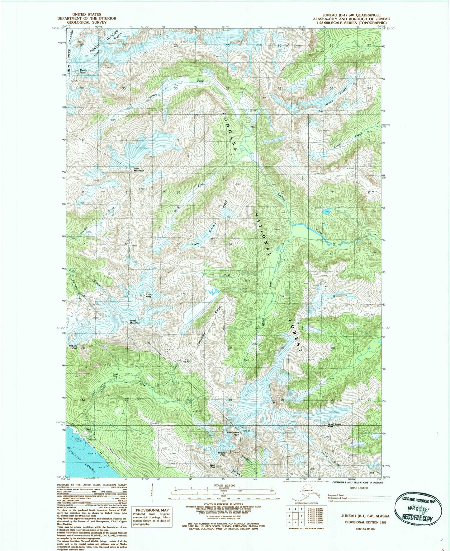 Classic USGS Juneau B-1 SW Alaska 7.5'x7.5' Topo Map Image