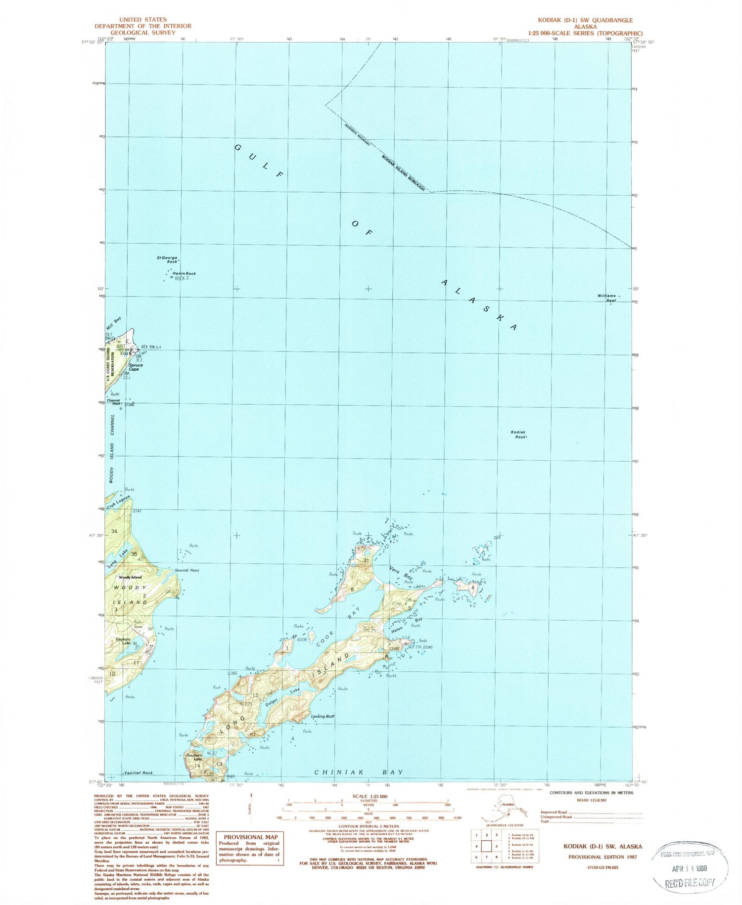 Classic USGS Kodiak D-1 SW Alaska 7.5'x7.5' Topo Map Image