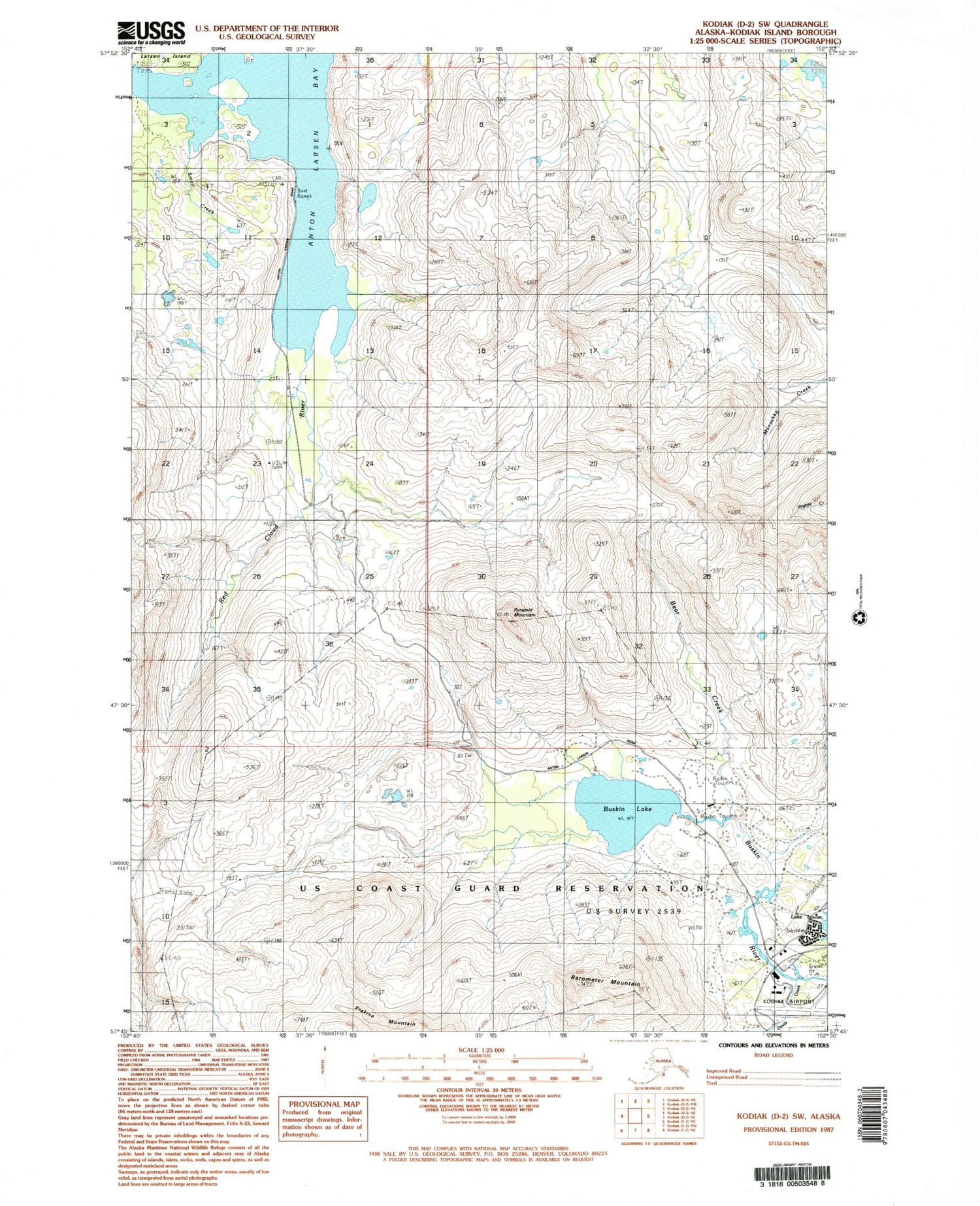 Classic USGS Kodiak D-2 SW Alaska 7.5'x7.5' Topo Map Image