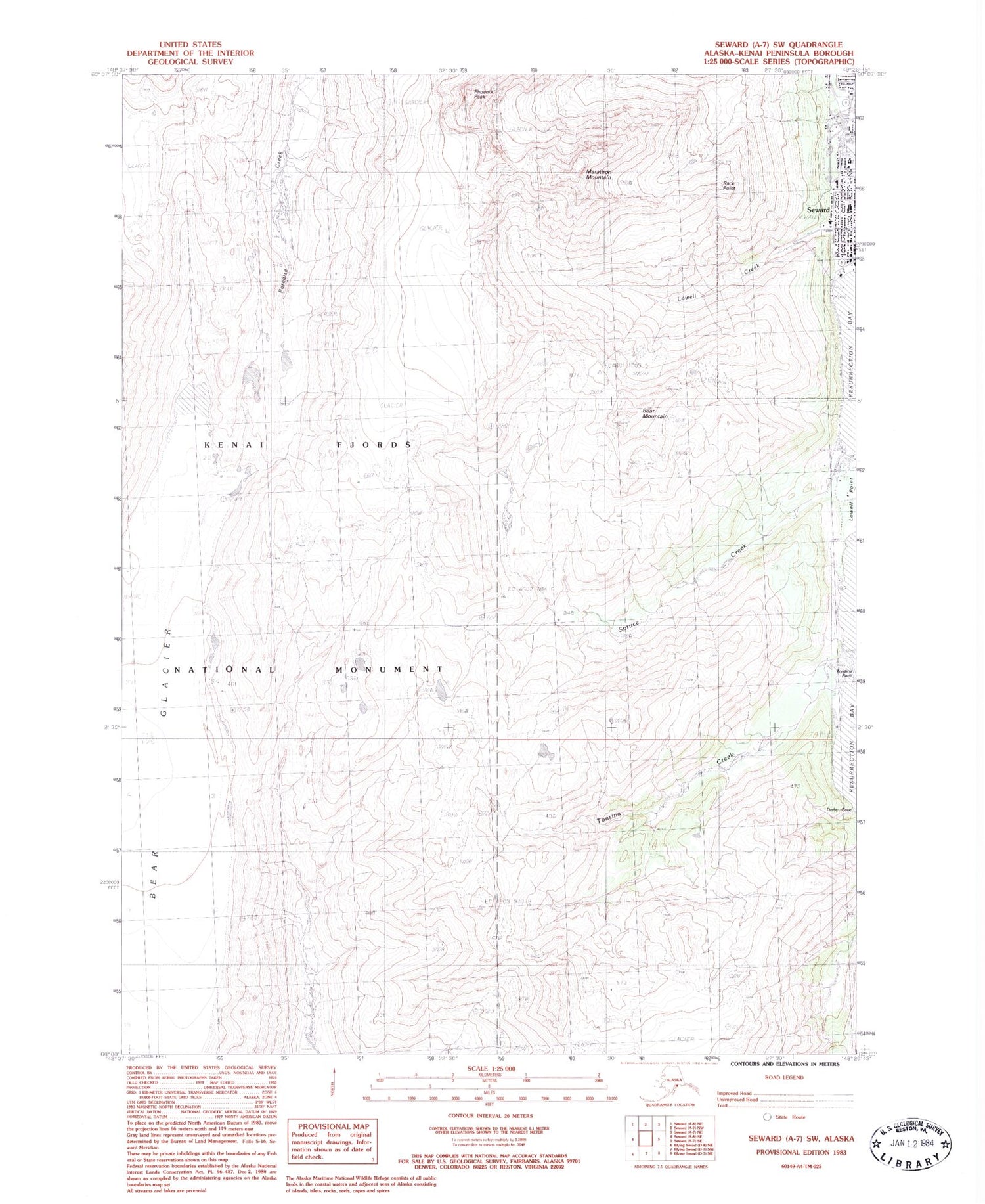 Classic USGS Seward A-7 SW Alaska 7.5'x7.5' Topo Map Image
