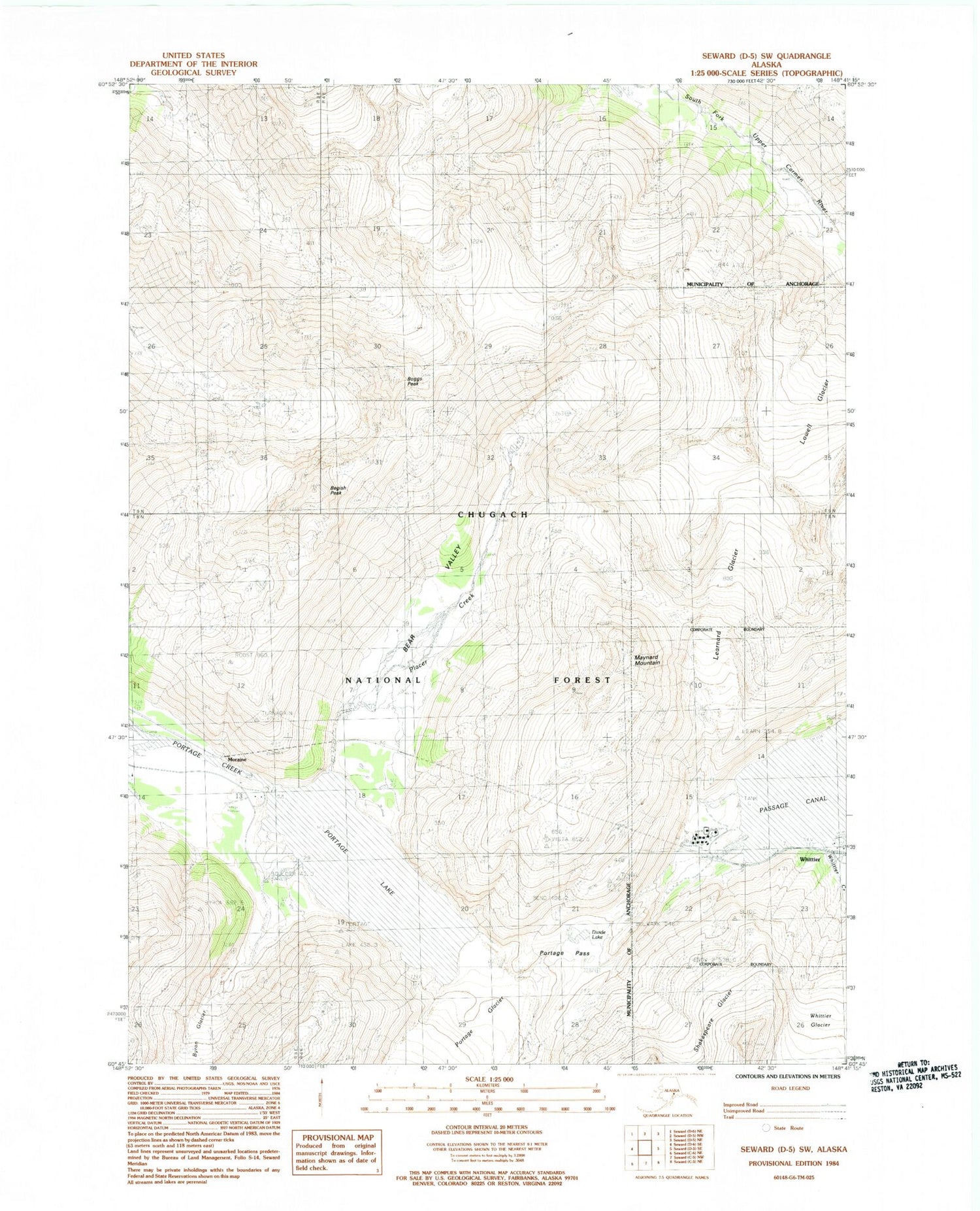 Classic USGS Seward D-5 SW Alaska 7.5'x7.5' Topo Map Image