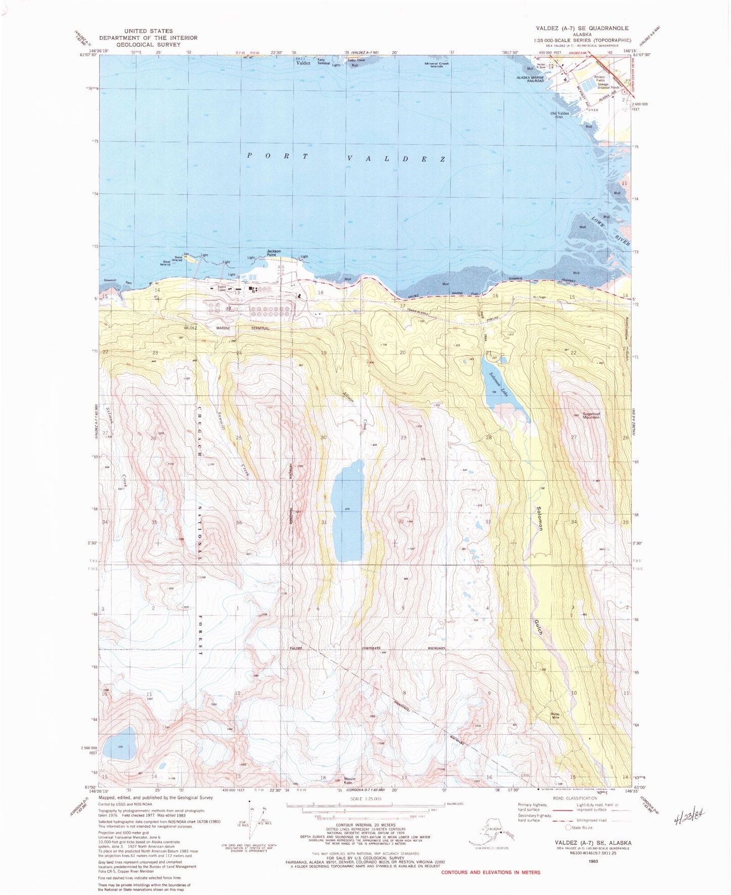Classic USGS Valdez A-7 SE Alaska 7.5'x7.5' Topo Map Image
