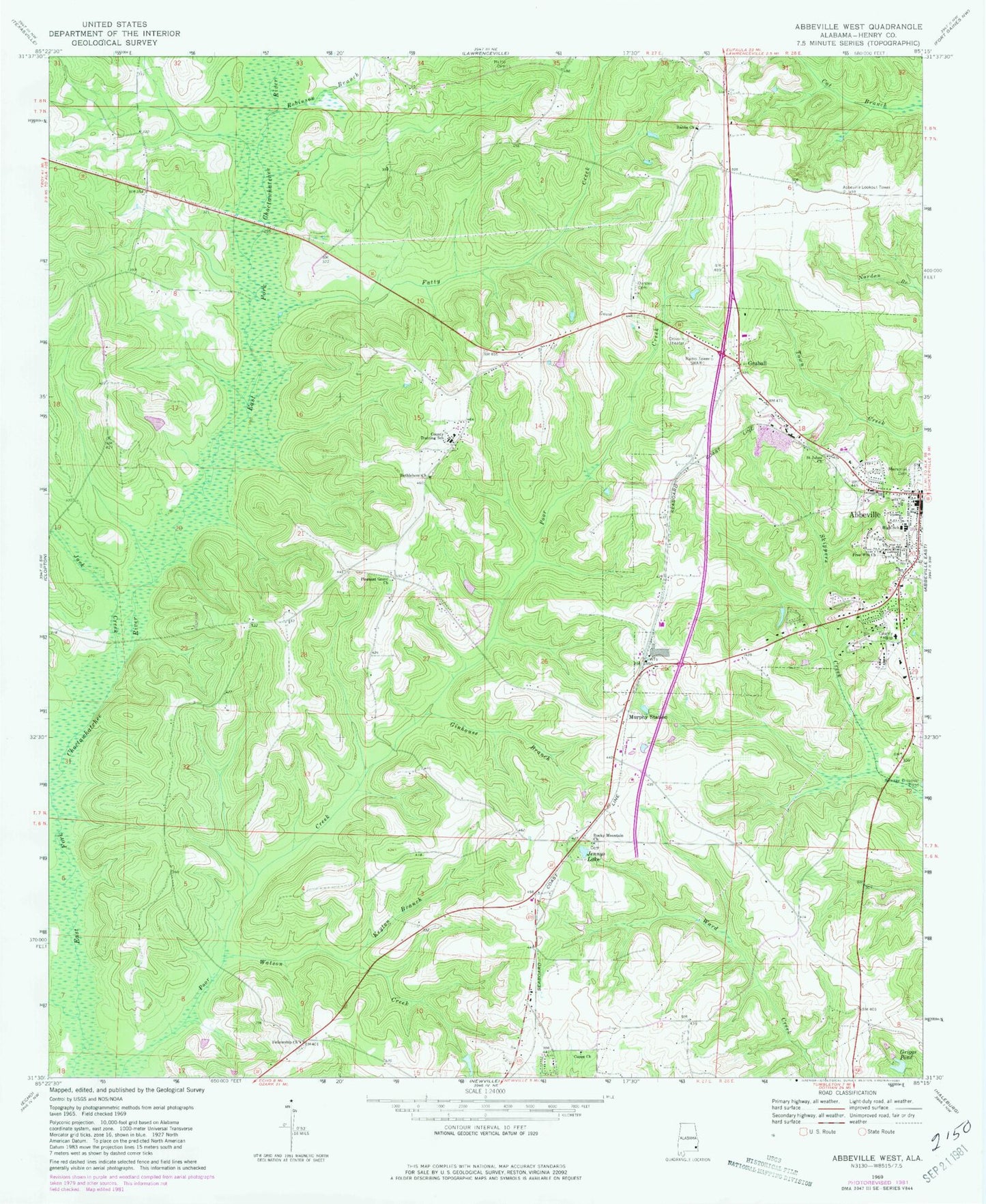 Classic USGS Abbeville West Alabama 7.5'x7.5' Topo Map Image