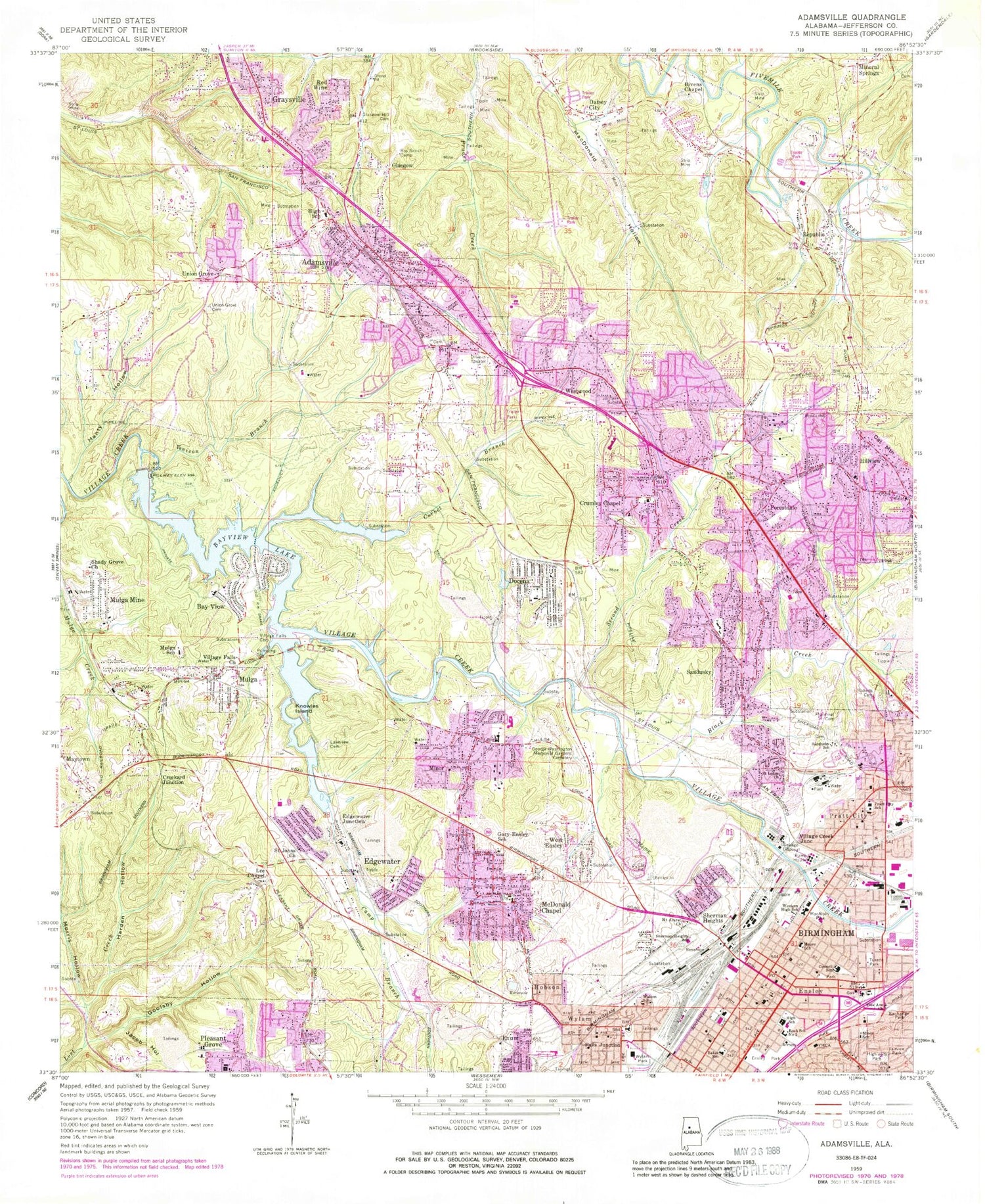 Classic USGS Adamsville Alabama 7.5'x7.5' Topo Map Image