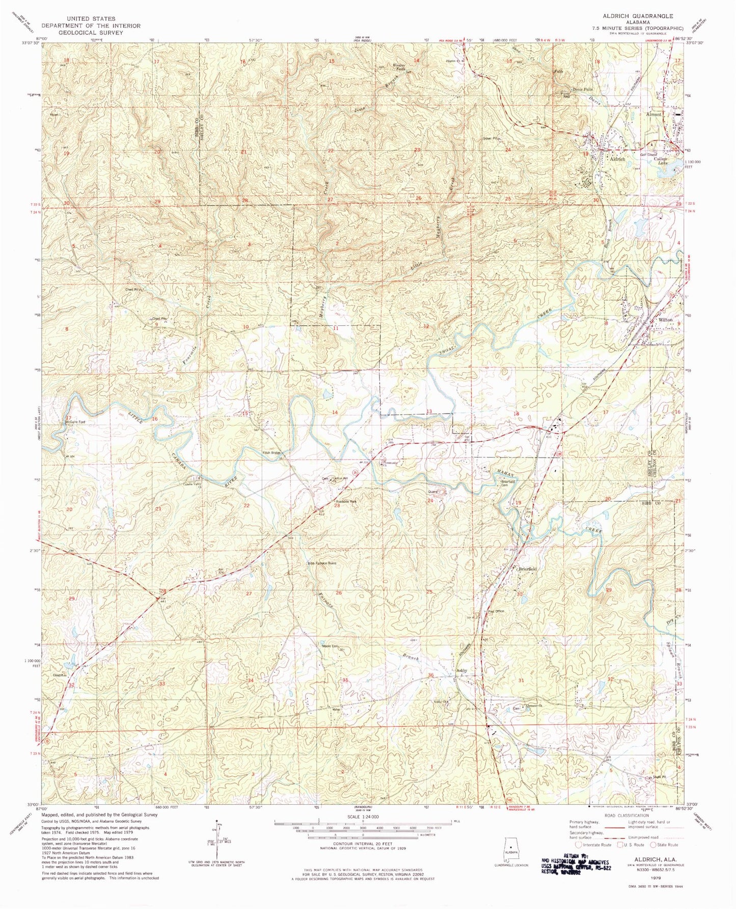 Classic USGS Aldrich Alabama 7.5'x7.5' Topo Map Image
