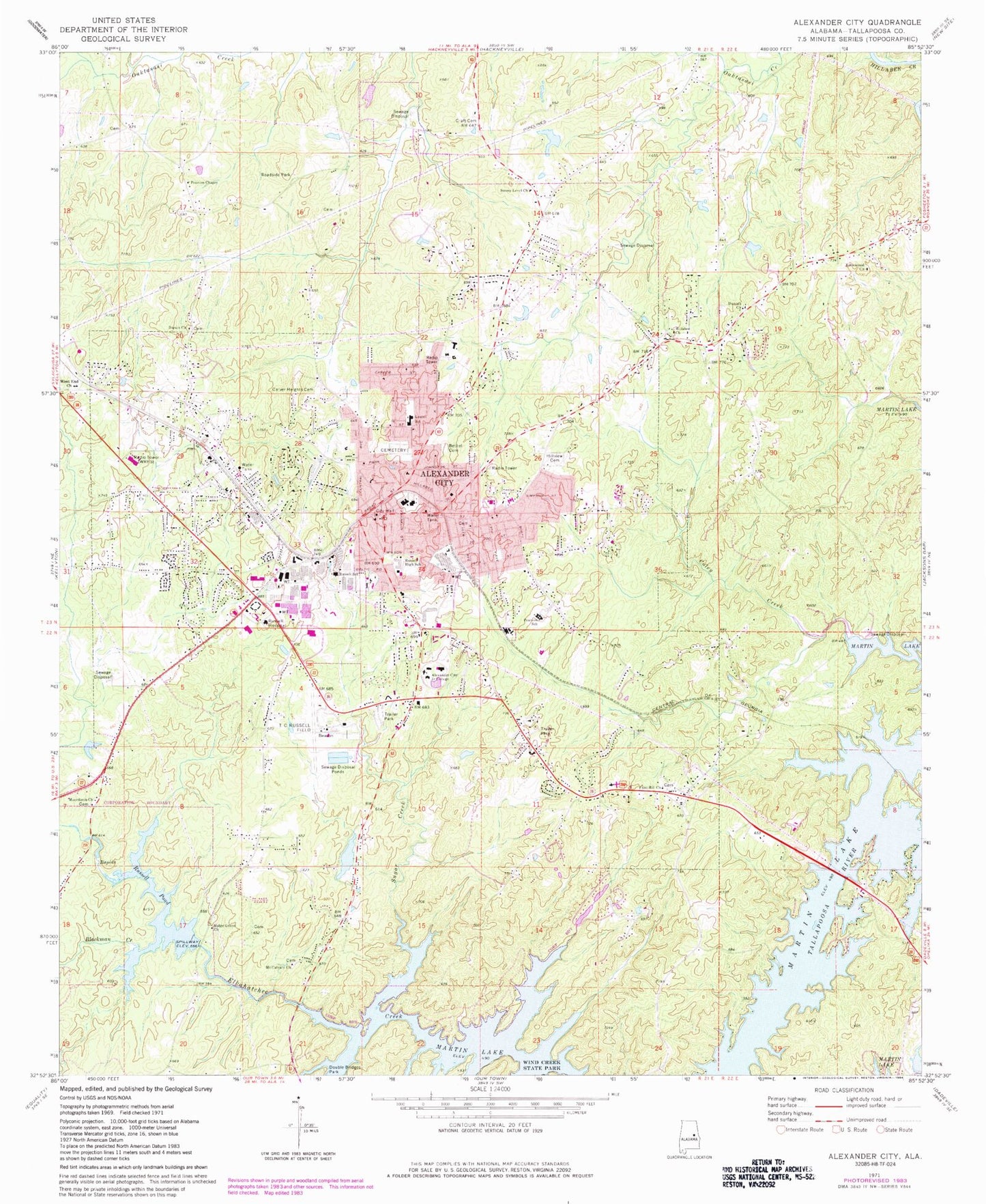 Classic USGS Alexander City Alabama 7.5'x7.5' Topo Map Image