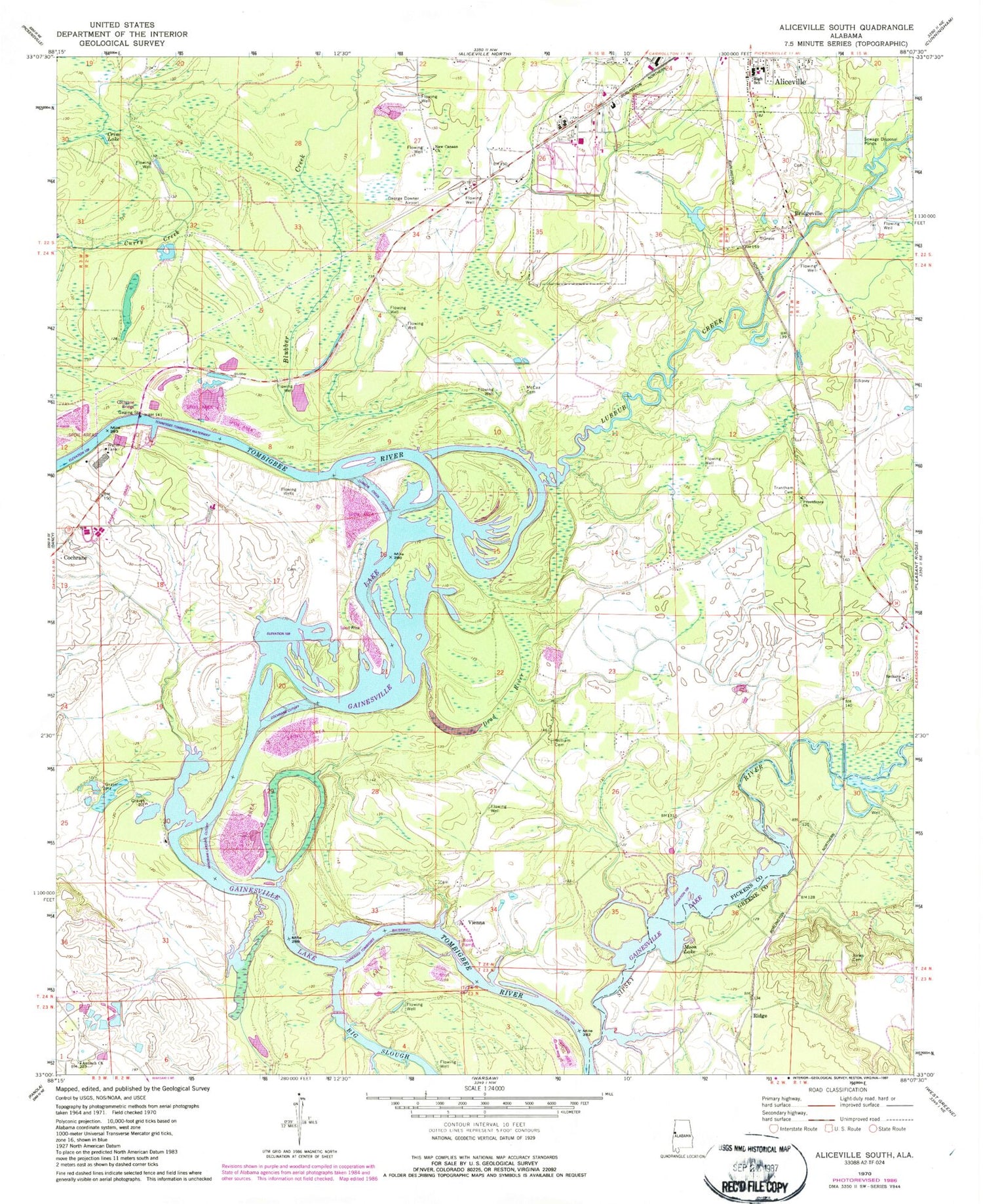 Classic USGS Aliceville South Alabama 7.5'x7.5' Topo Map Image