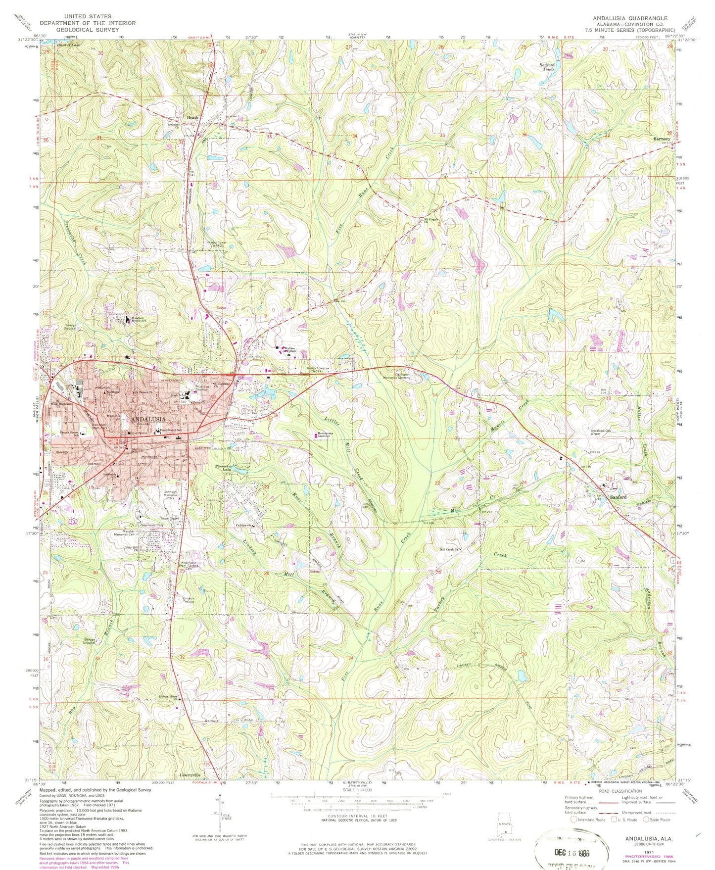 Classic USGS Andalusia Alabama 7.5'x7.5' Topo Map Image