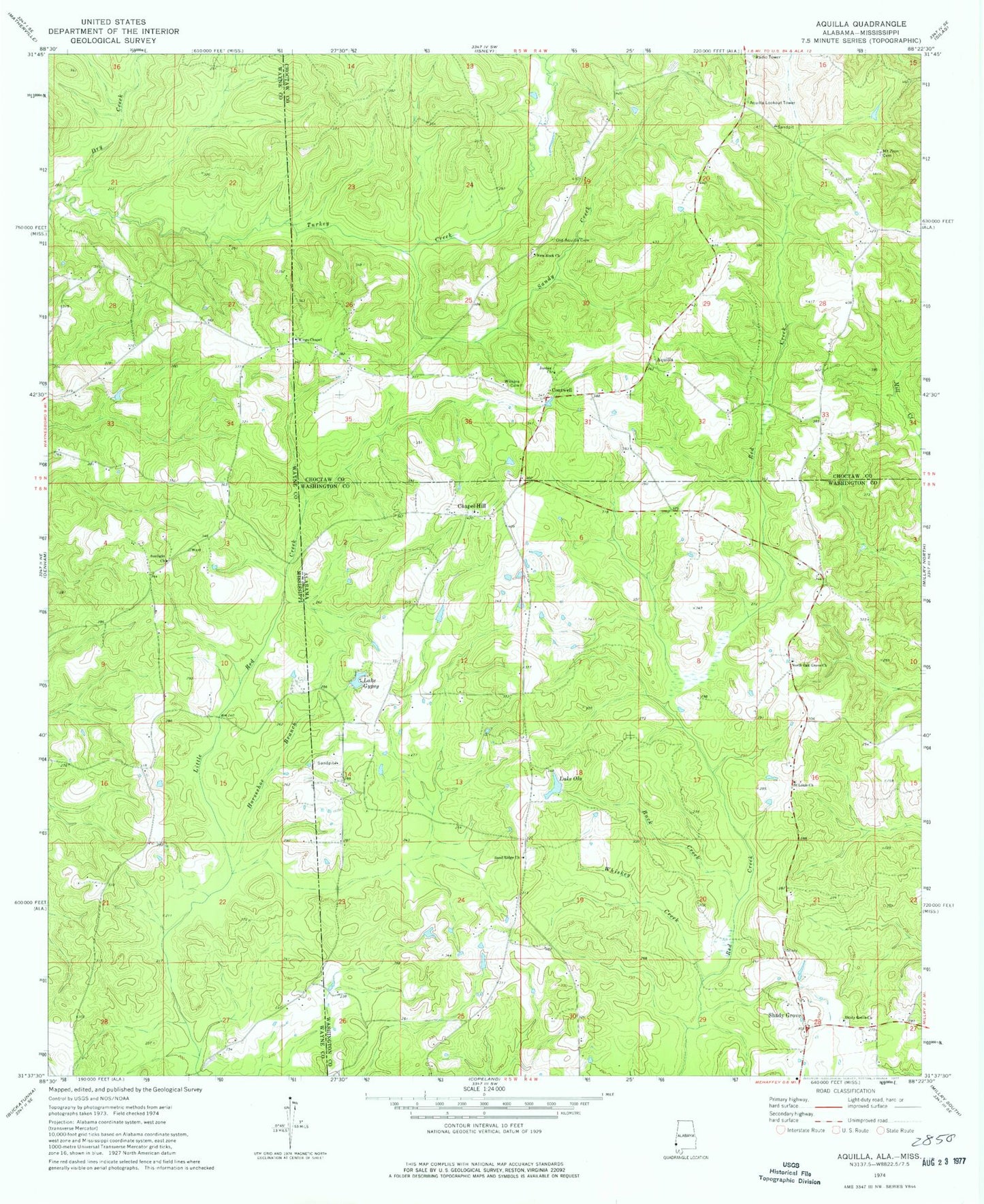 Classic USGS Aquilla Alabama 7.5'x7.5' Topo Map Image