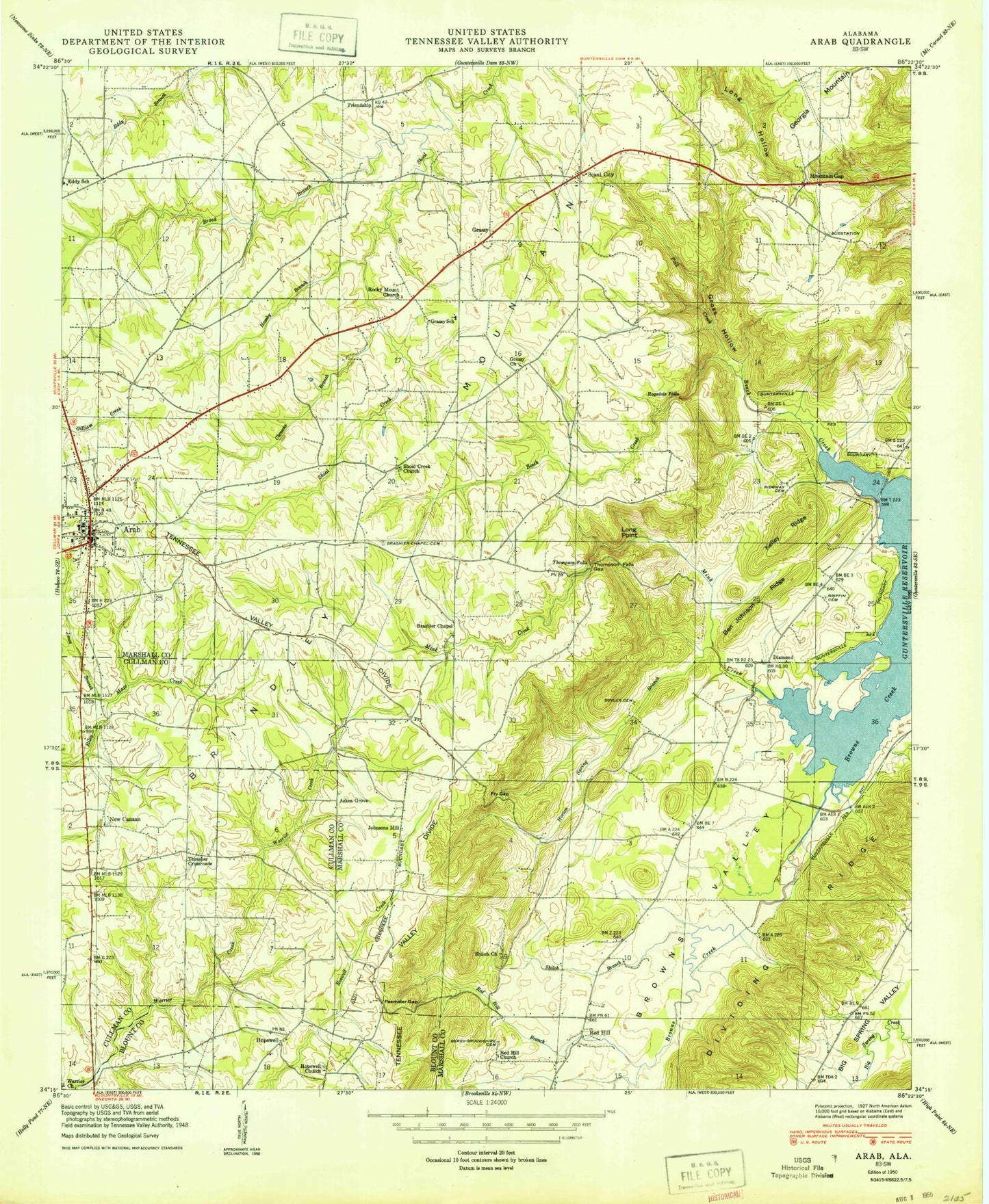 Classic USGS Arab Alabama 7.5'x7.5' Topo Map Image