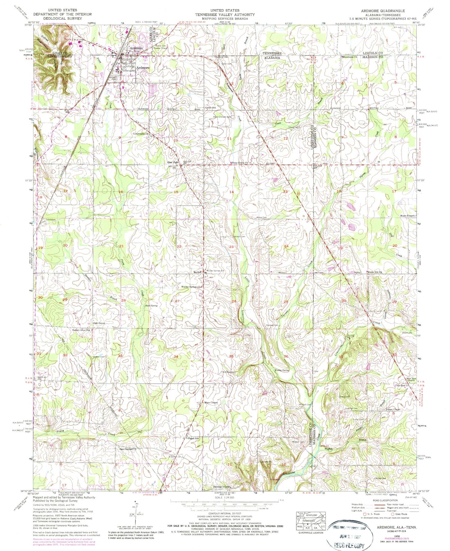 Classic USGS Ardmore Alabama 7.5'x7.5' Topo Map Image