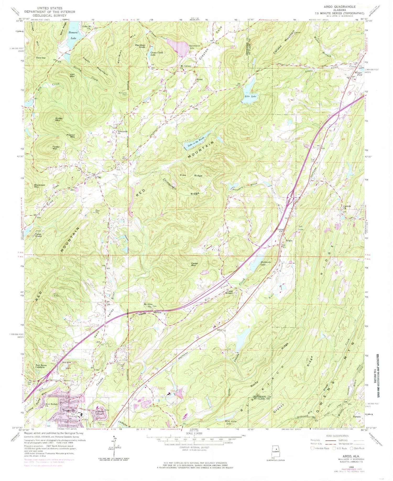Classic USGS Argo Alabama 7.5'x7.5' Topo Map Image