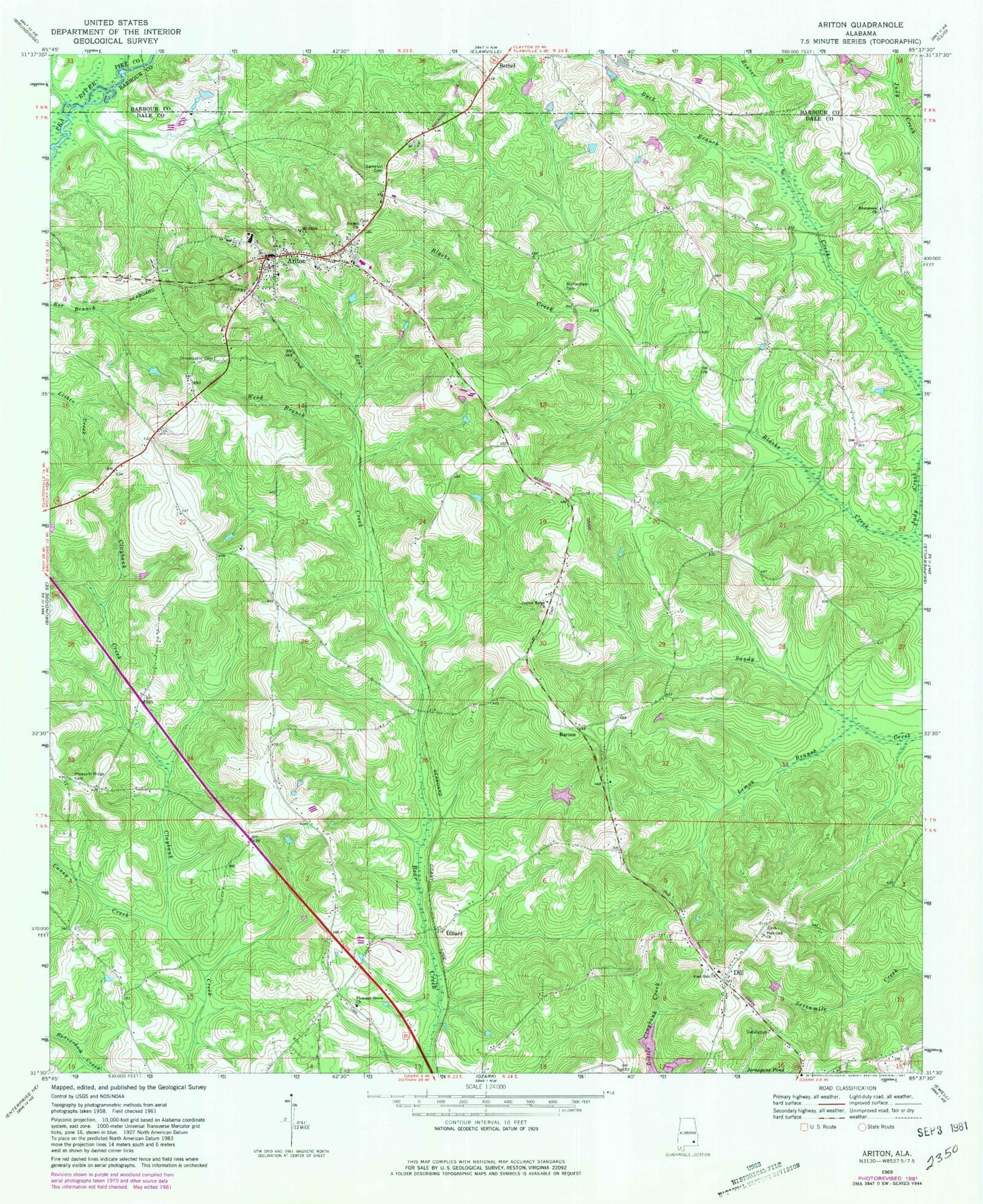 Classic USGS Ariton Alabama 7.5'x7.5' Topo Map Image