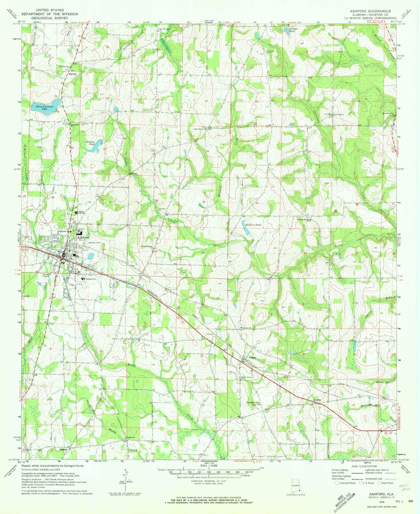 Classic USGS Ashford Alabama 7.5'x7.5' Topo Map Image