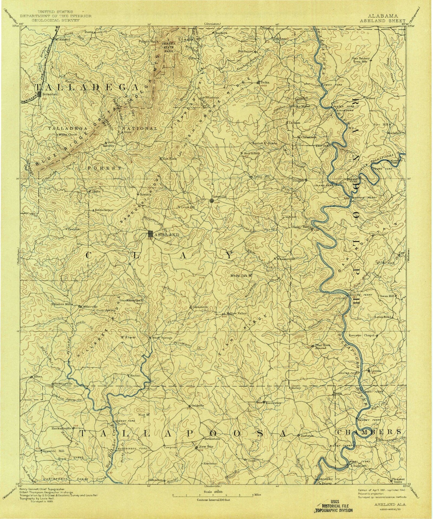 Historic 1891 Ashland Alabama 30'x30' Topo Map Image