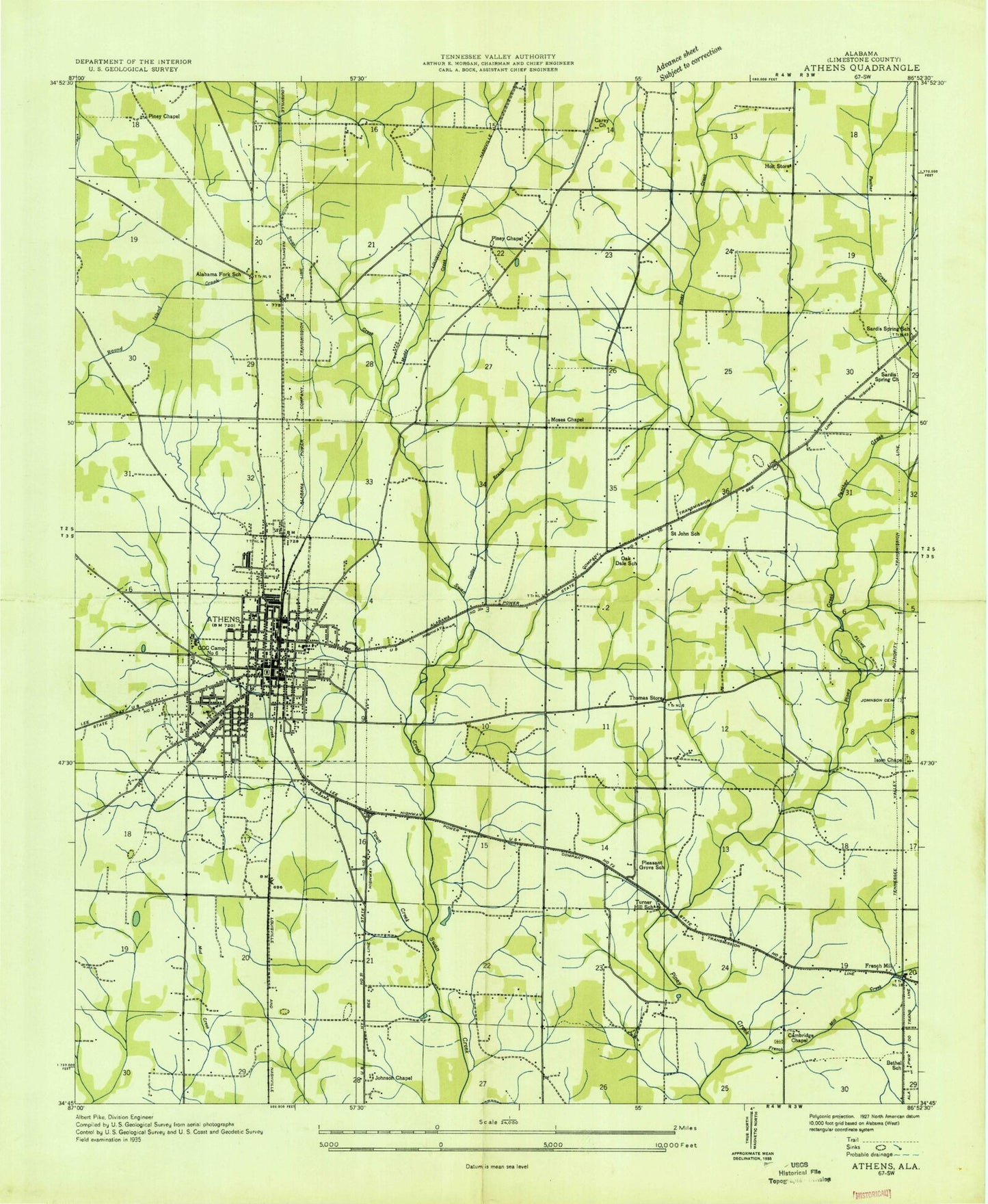 Classic USGS Athens Alabama 7.5'x7.5' Topo Map Image
