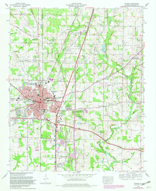 Classic USGS Athens Alabama 7.5'x7.5' Topo Map Image