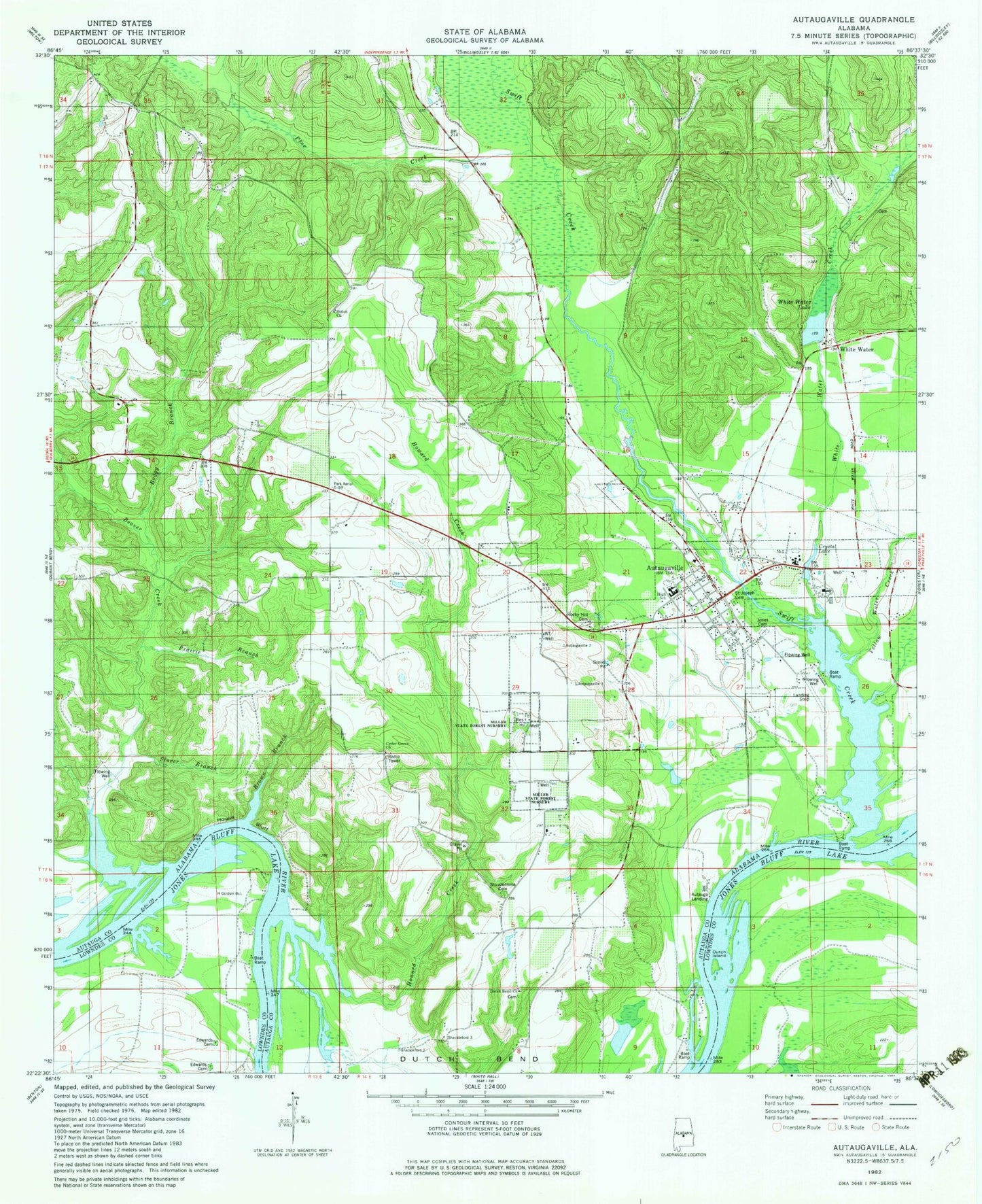 Classic USGS Autaugaville Alabama 7.5'x7.5' Topo Map Image