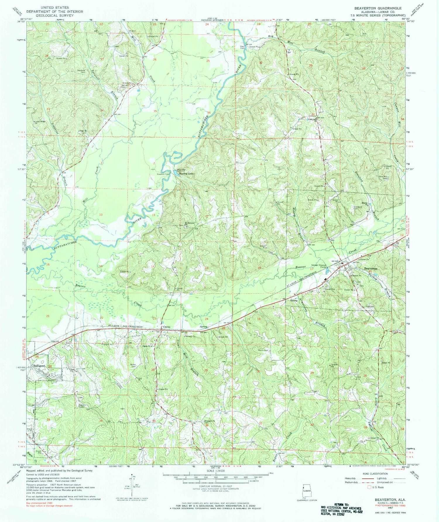 Classic USGS Beatrice Alabama 7.5'x7.5' Topo Map Image