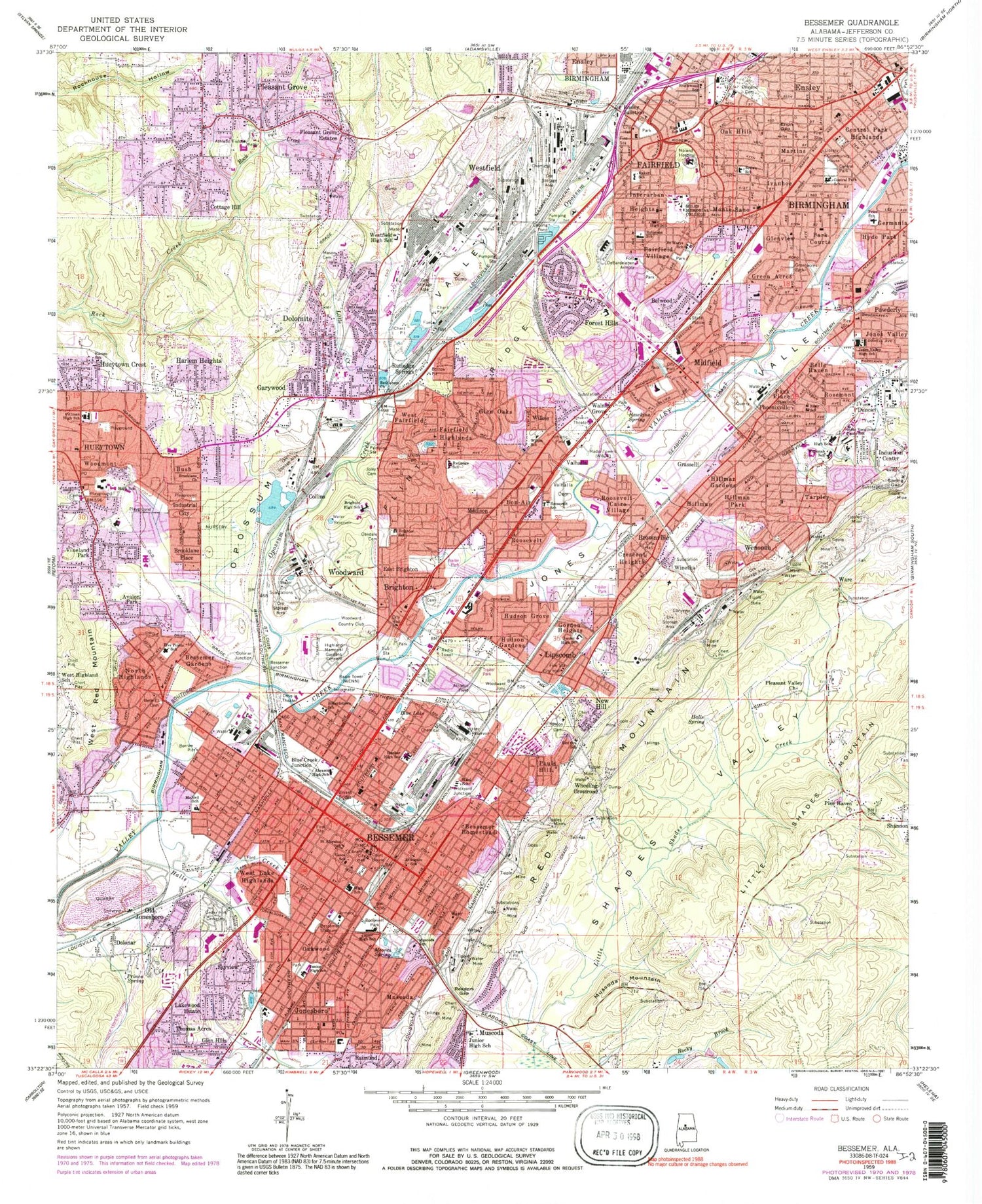 Classic USGS Bessemer Alabama 7.5'x7.5' Topo Map Image
