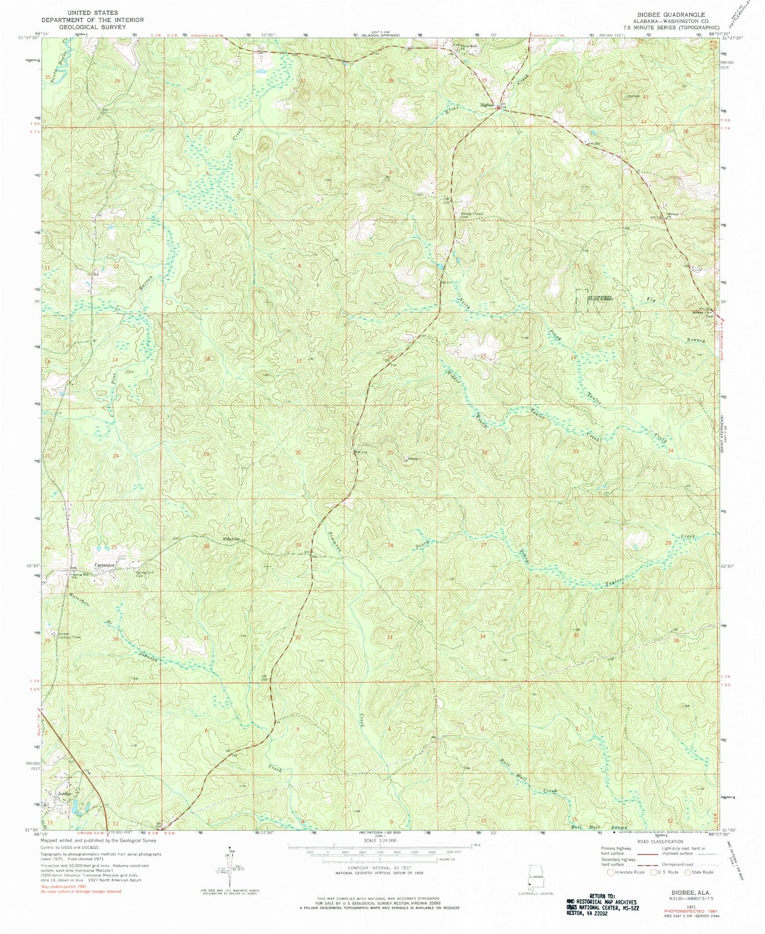 Classic USGS Bigbee Alabama 7.5'x7.5' Topo Map Image