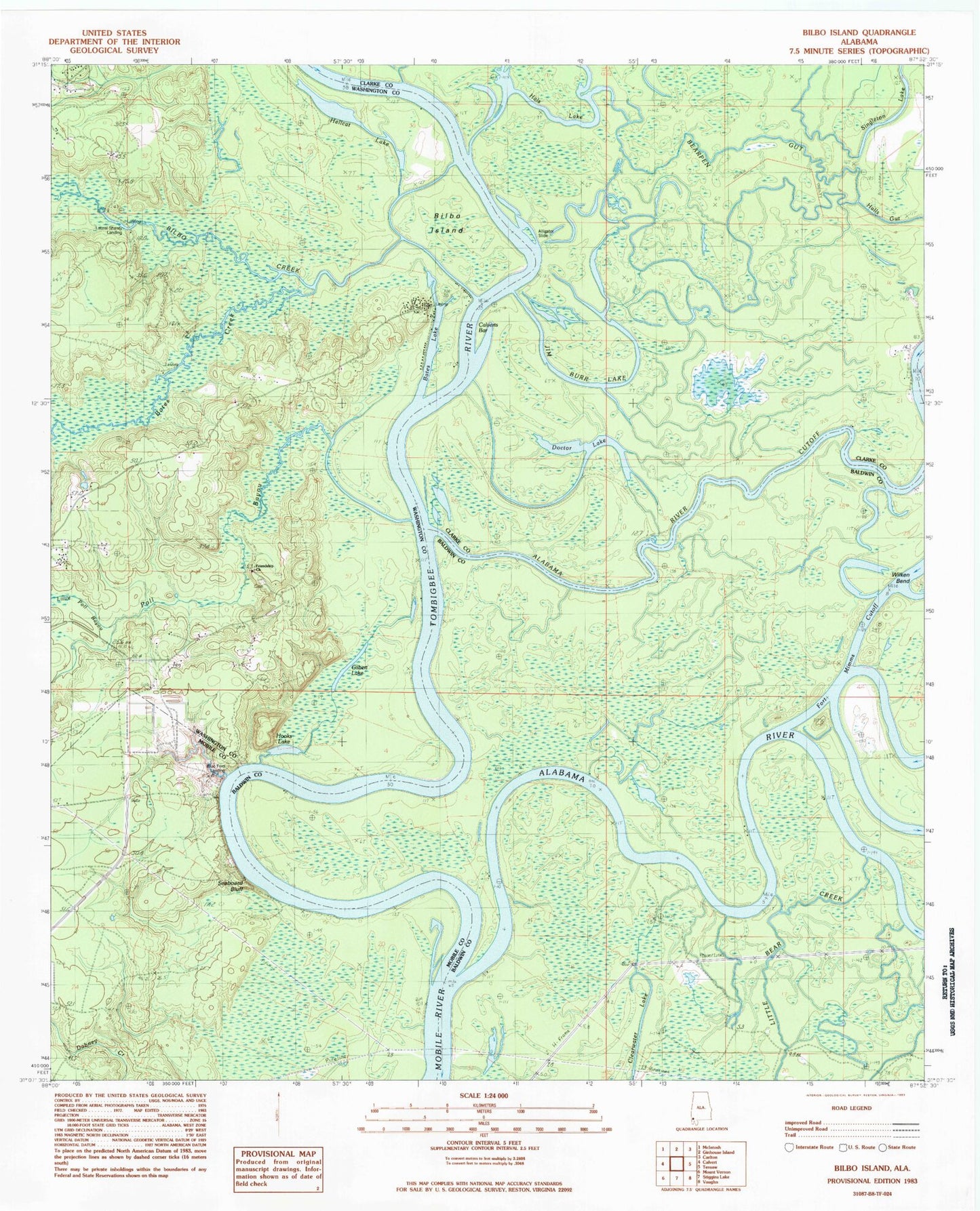 Classic USGS Bilbo Island Alabama 7.5'x7.5' Topo Map Image