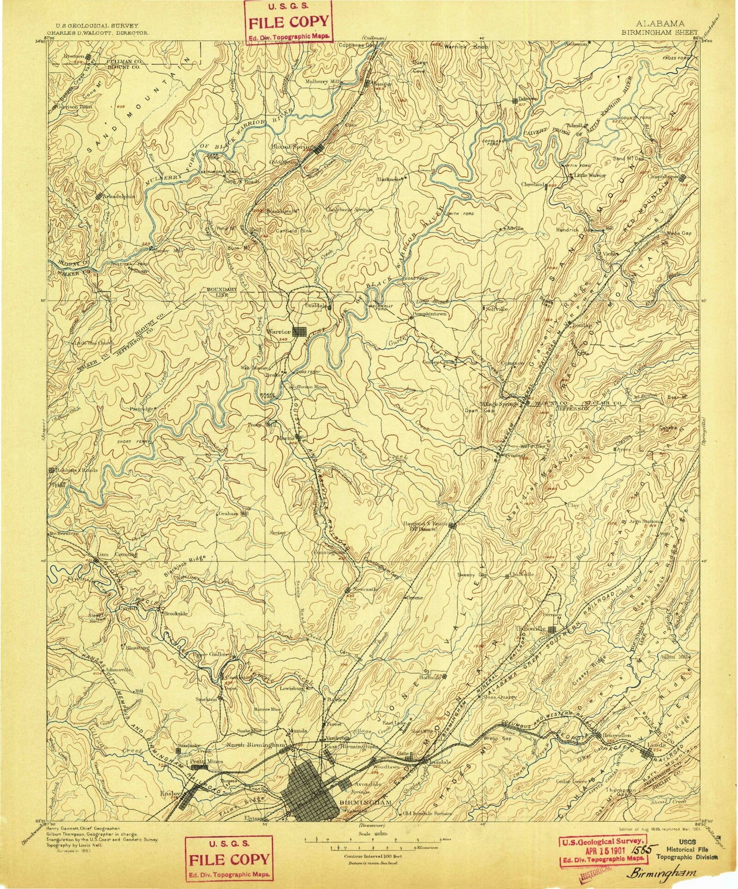 Historic 1895 Birmingham Alabama 30'x30' Topo Map Image