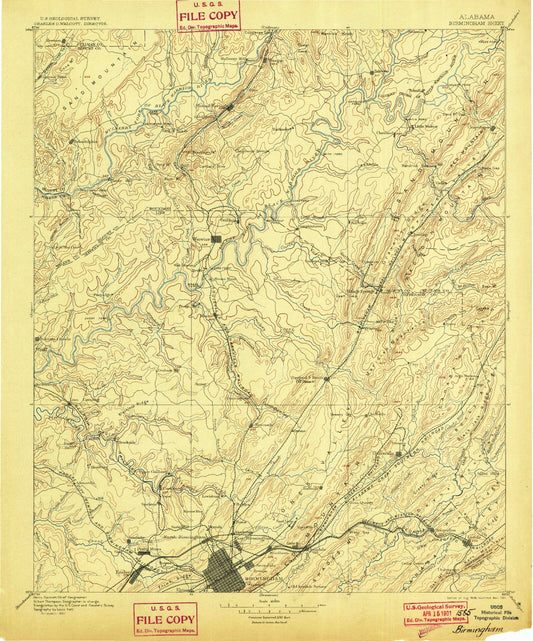 Historic 1895 Birmingham Alabama 30'x30' Topo Map Image